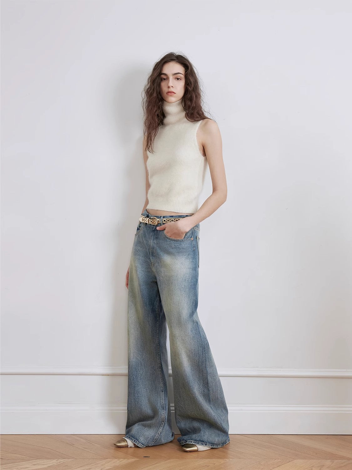 Modern Deconstructed Chicken-Claw Wrinkled Wide-Leg Jeans