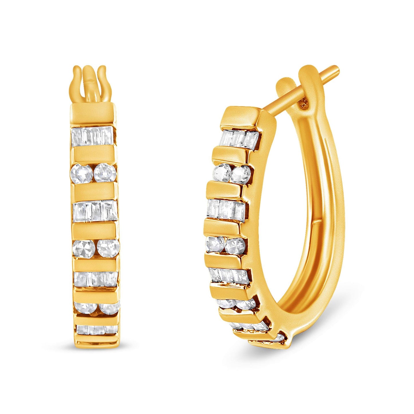 10K Yellow Gold Round & Baguette Diamond Hoop Earrings – 1.00 ctw