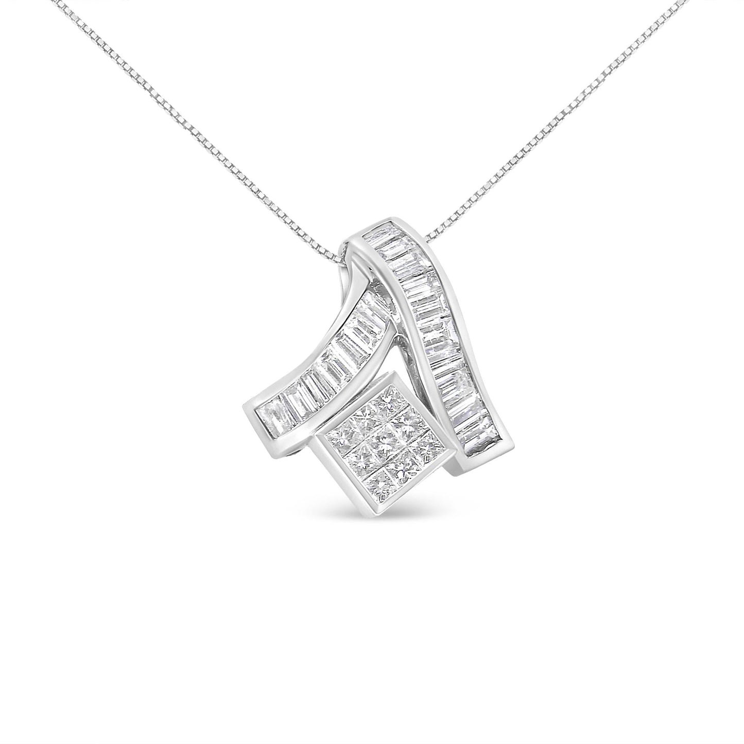 14K White Gold 1 7/8 Cttw Princess & Baguette Cut Mixed Geometry Diamond Pendant Necklace