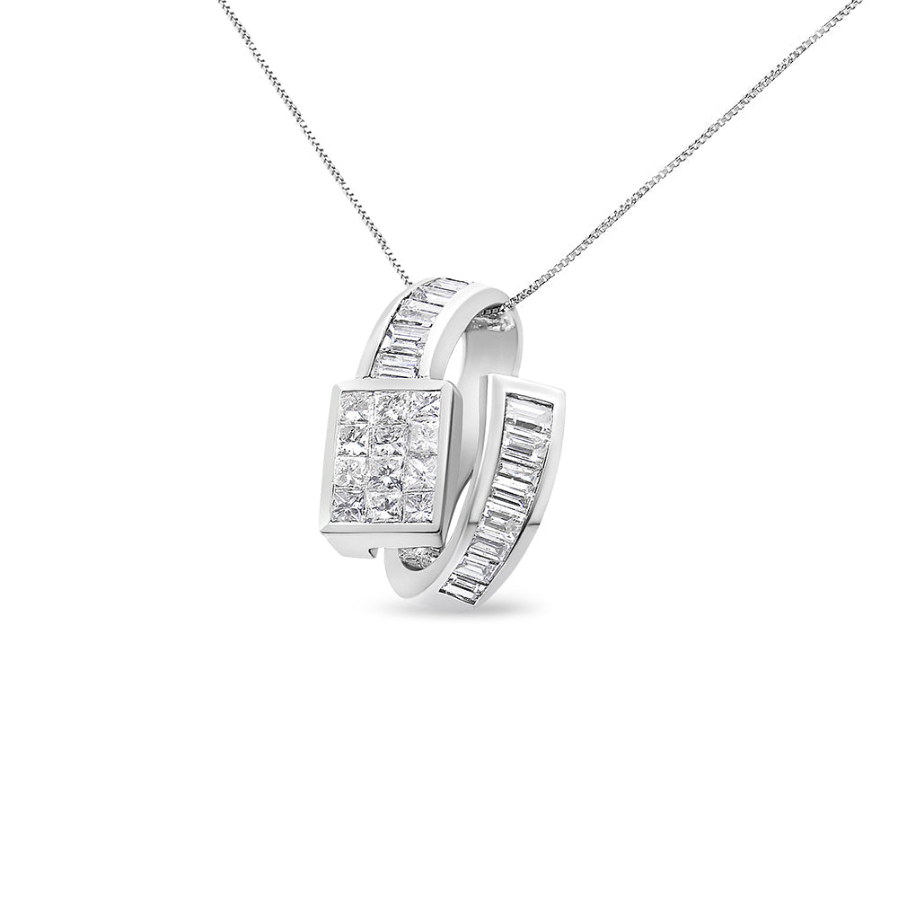 14K White Gold Princess & Baguette Cut Diamond Double Loop Pendant Necklace
