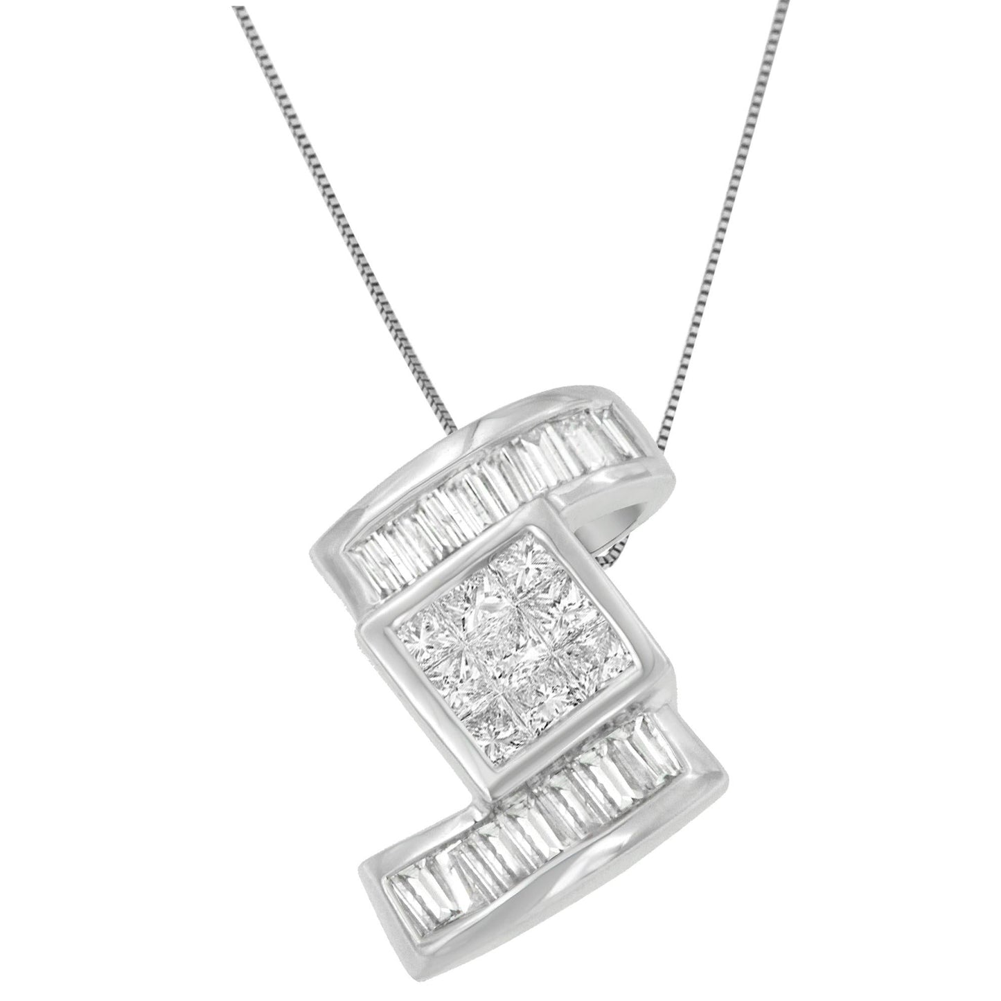 14K White Gold Princess & Baguette Diamond Zig Zag Pendant Necklace – 1.40 CTW