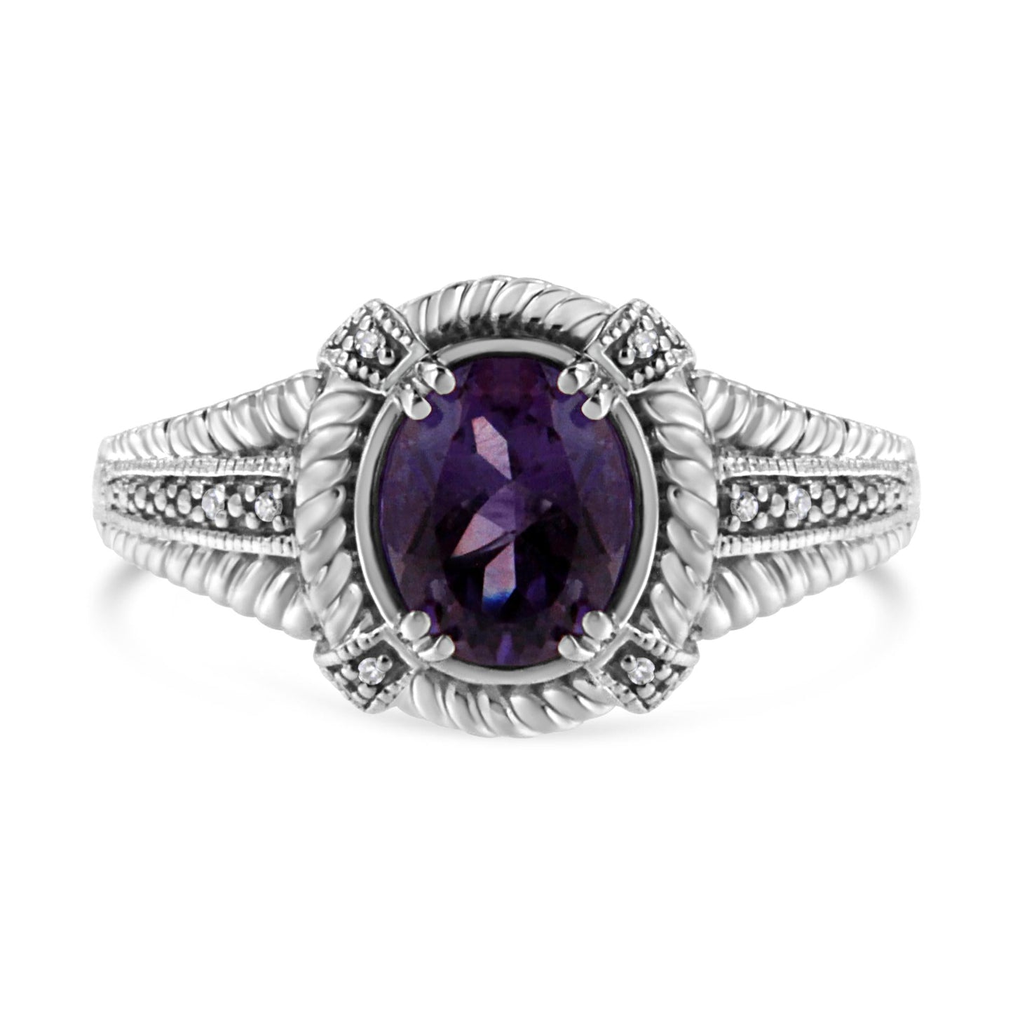 Sterling Silver Oval Amethyst & Diamond Accent Rope-Border Ring