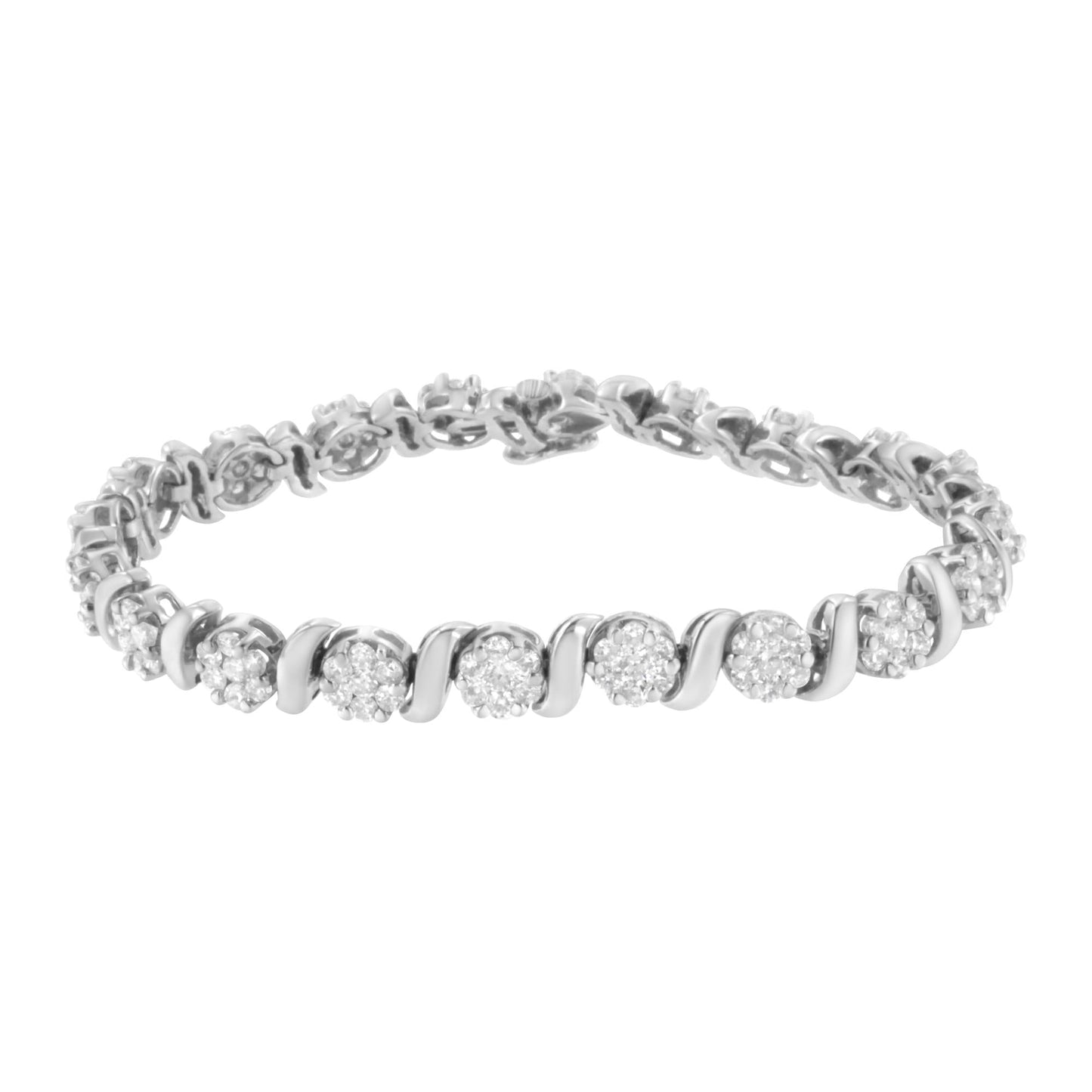 14K White Gold 5 1/4 Cttw Diamond S-Link Floral Cluster Tennis Bracelet – 7"