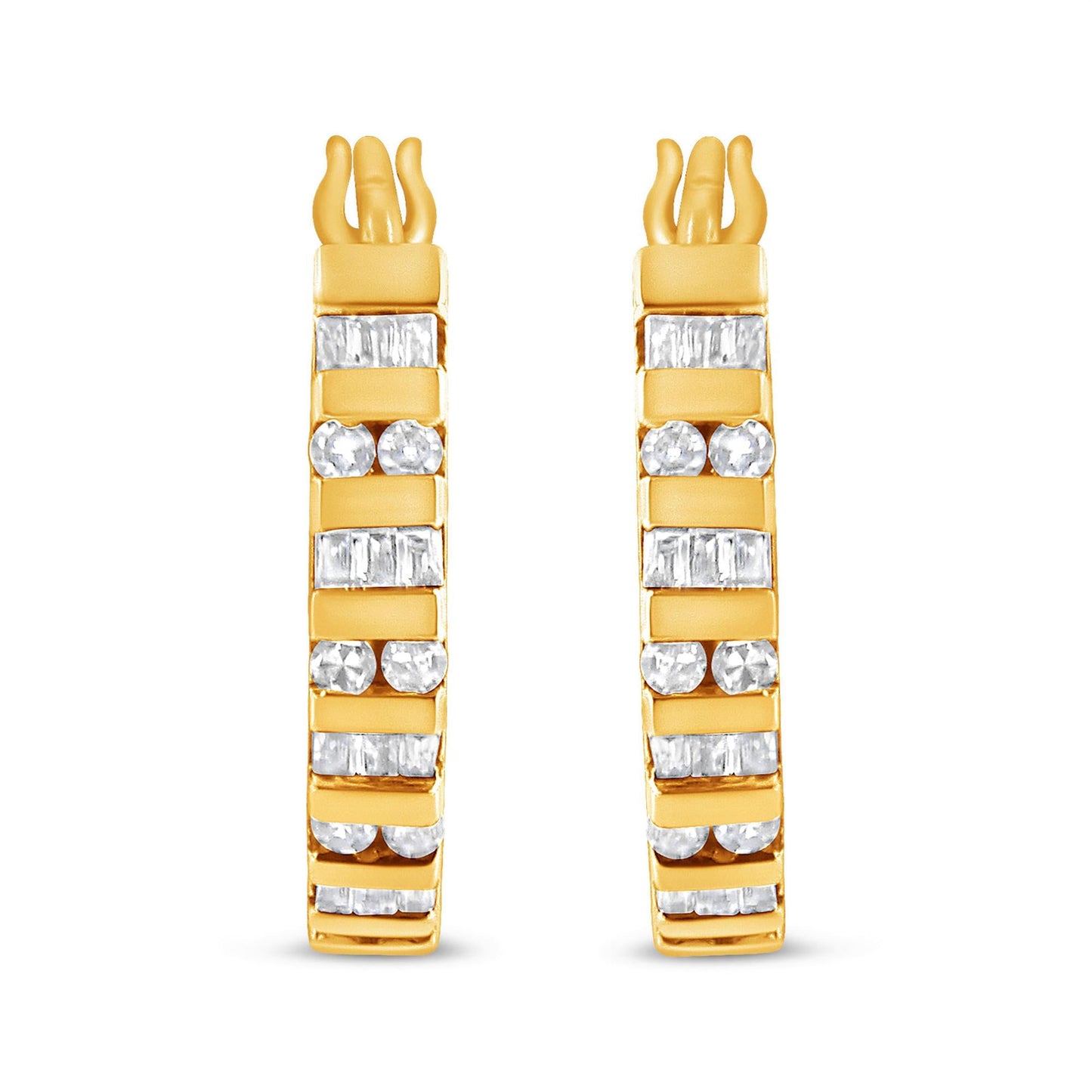 10K Yellow Gold Round & Baguette Diamond Hoop Earrings – 1.00 ctw
