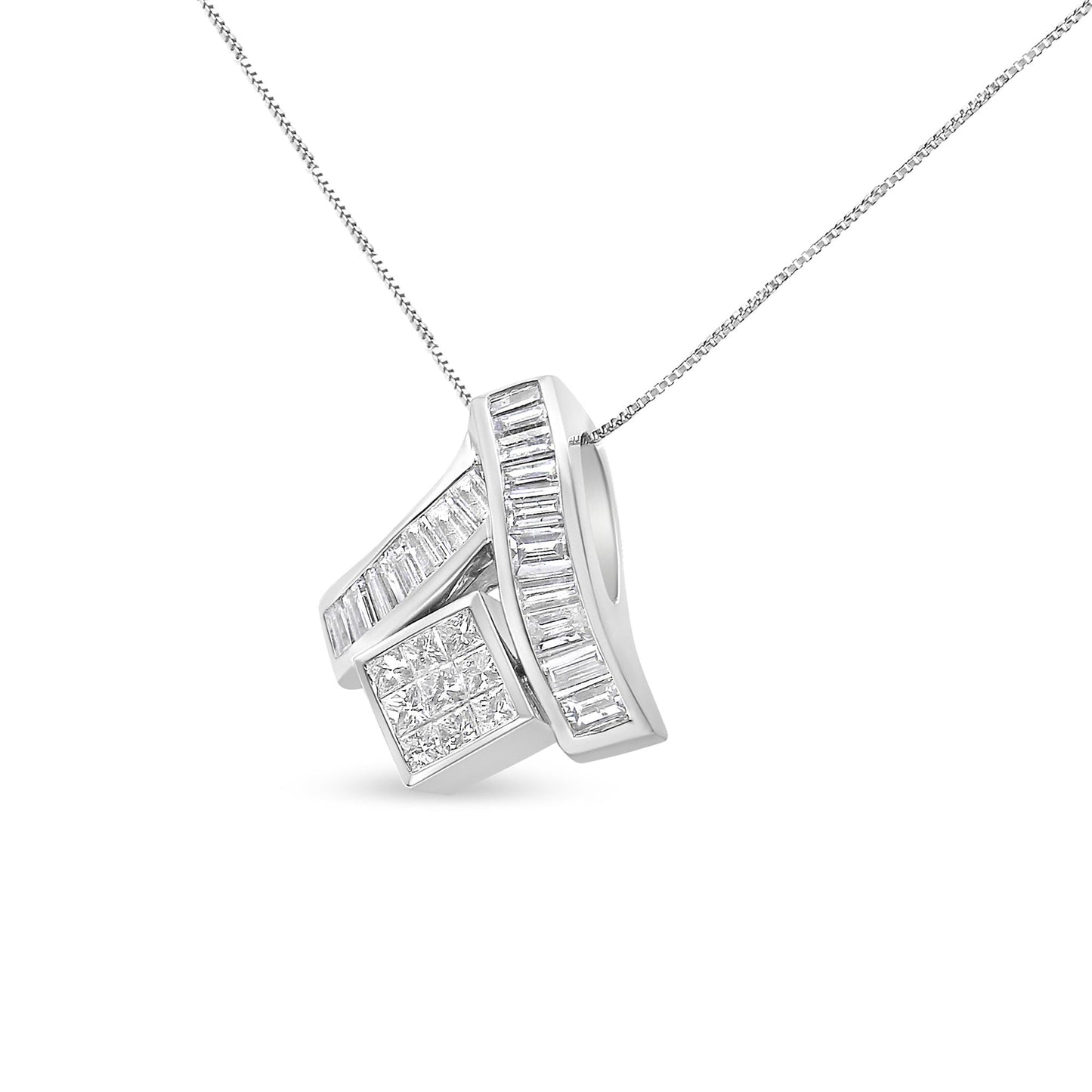 14K White Gold 1 7/8 Cttw Princess & Baguette Cut Mixed Geometry Diamond Pendant Necklace