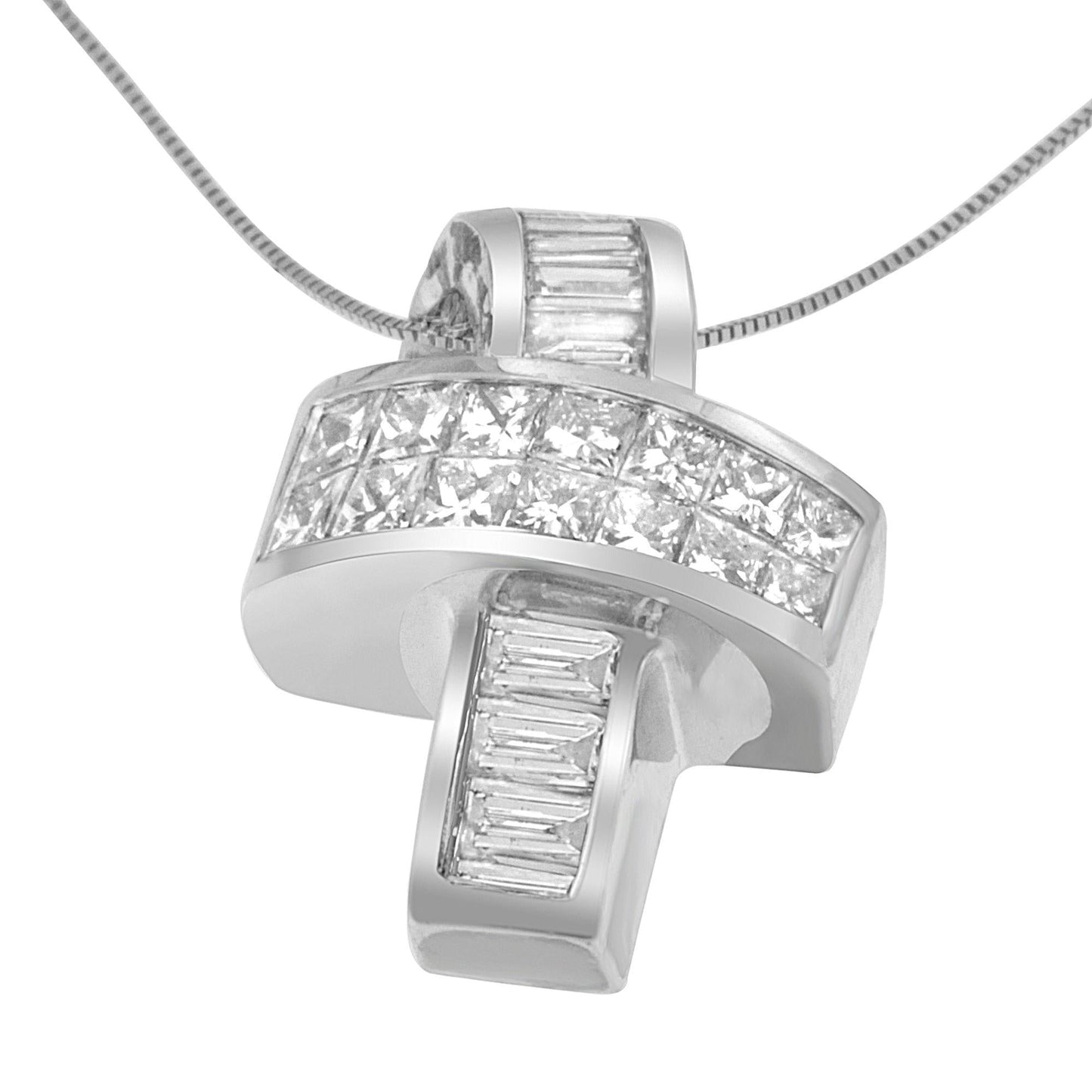 14K White Gold Princess & Baguette Diamond Ribbon Pendant Necklace – 2.00 CTW