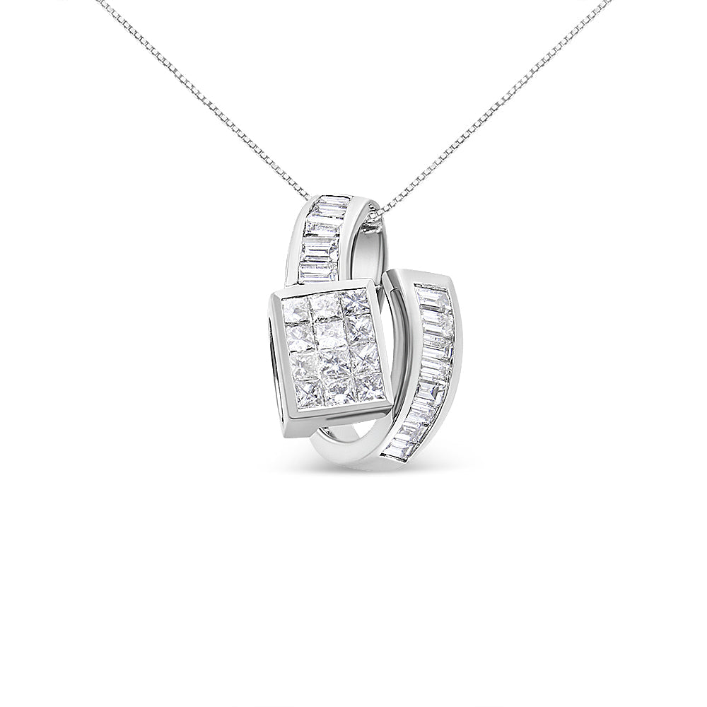 14K White Gold Princess & Baguette Cut Diamond Double Loop Pendant Necklace
