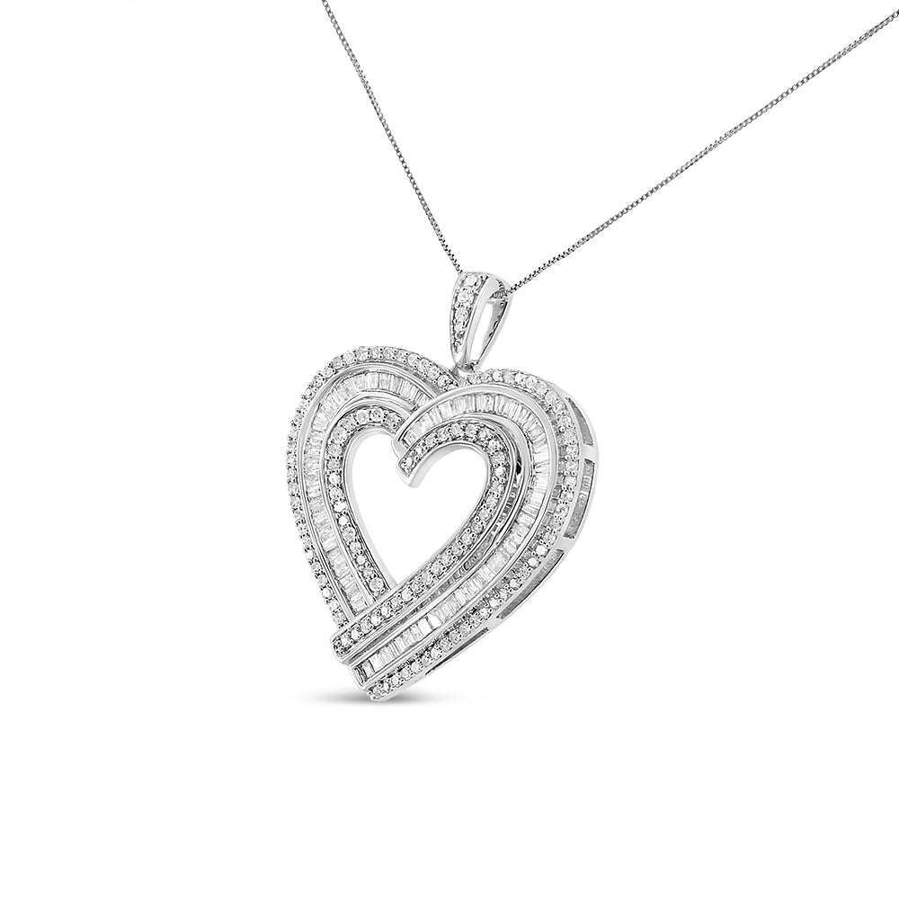 .925 Sterling Silver 1 3/8 Cttw Baguette Diamond Heart Pendant Necklace