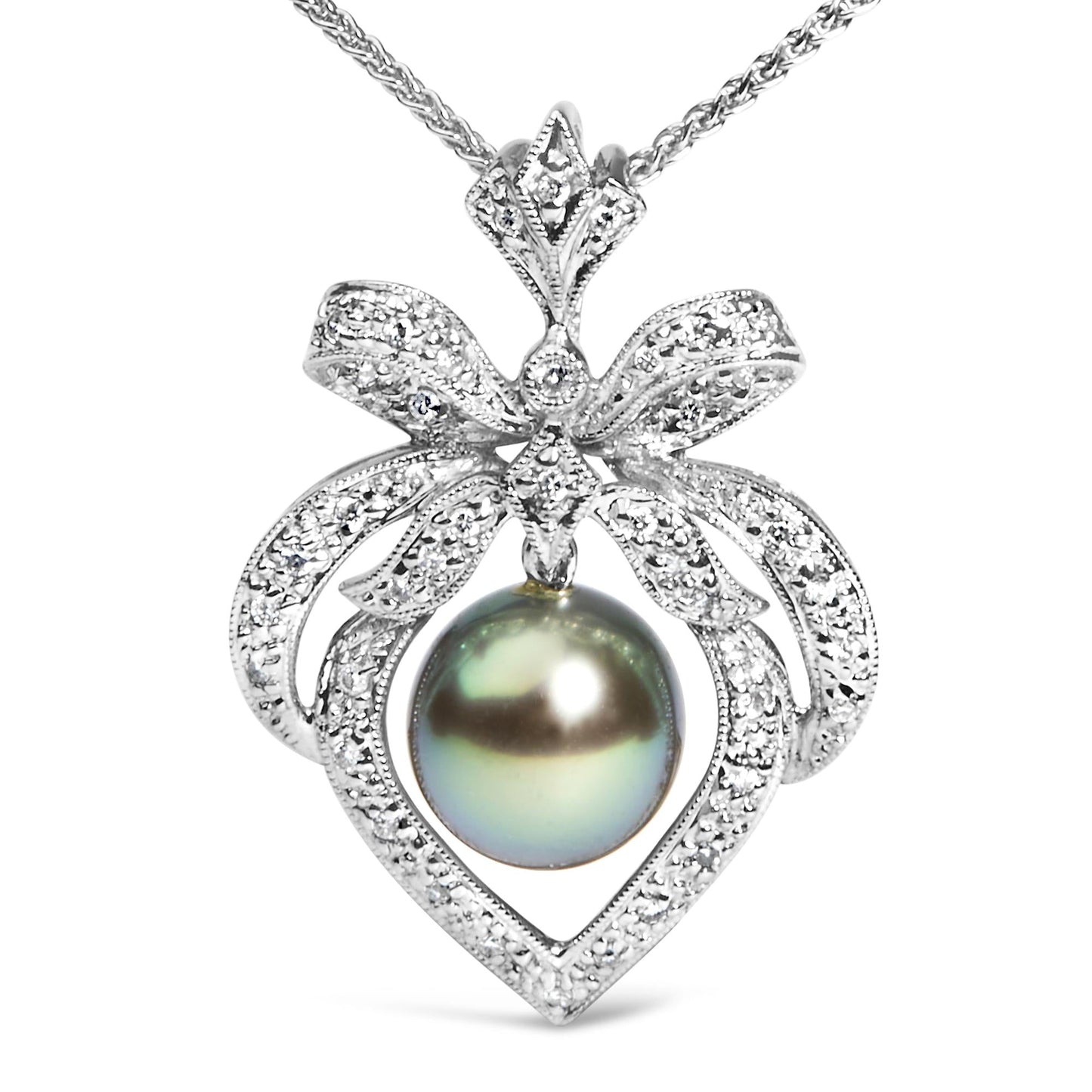 Tahitian Pearl & Diamond Heart Pendant Necklace in 18K White Gold