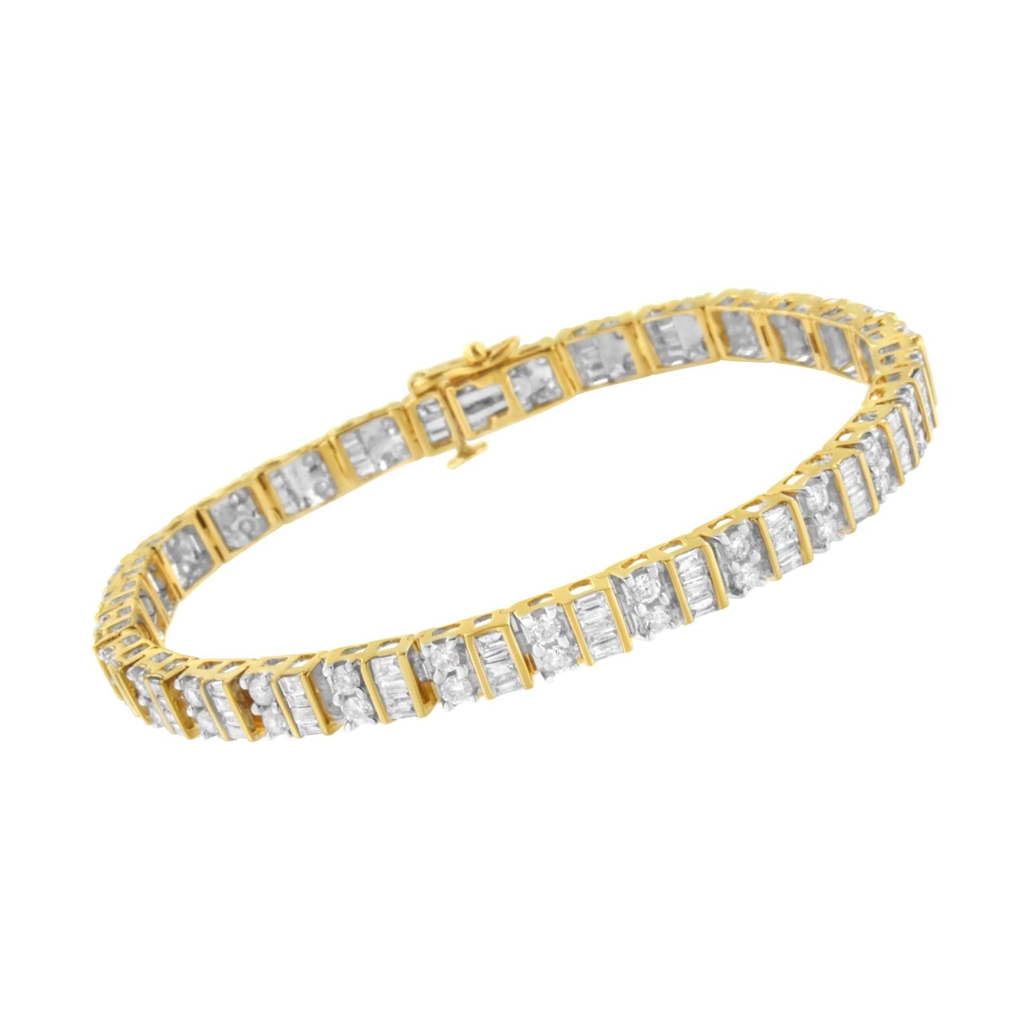 10K Yellow Gold 4.0 Cttw Alternating Baguette & Round Diamond Tennis Bracelet