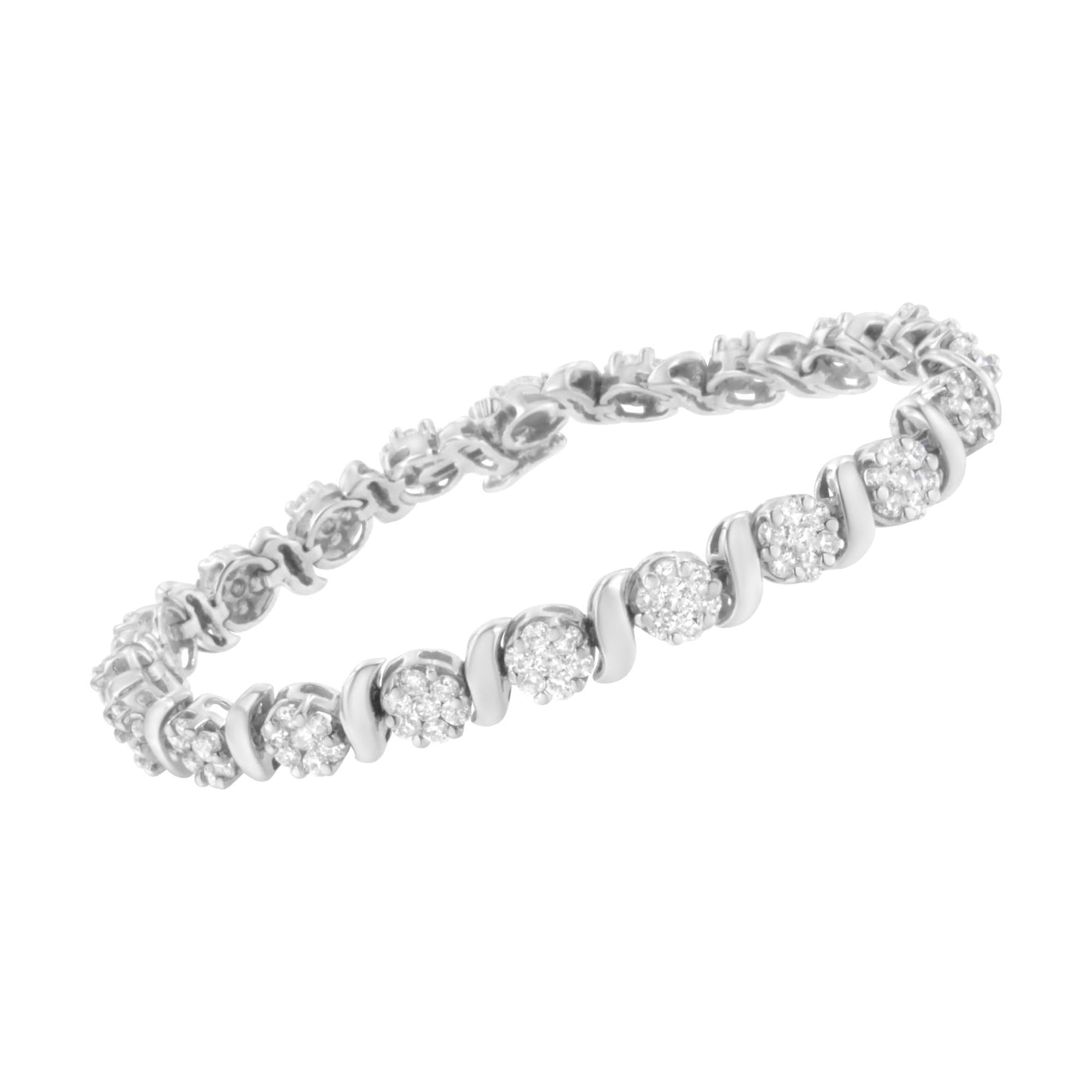 14K White Gold 5 1/4 Cttw Diamond S-Link Floral Cluster Tennis Bracelet – 7"