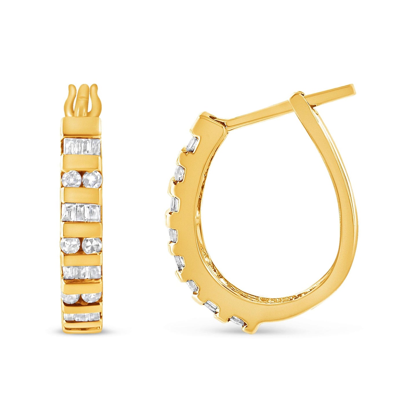 10K Yellow Gold Round & Baguette Diamond Hoop Earrings – 1.00 ctw