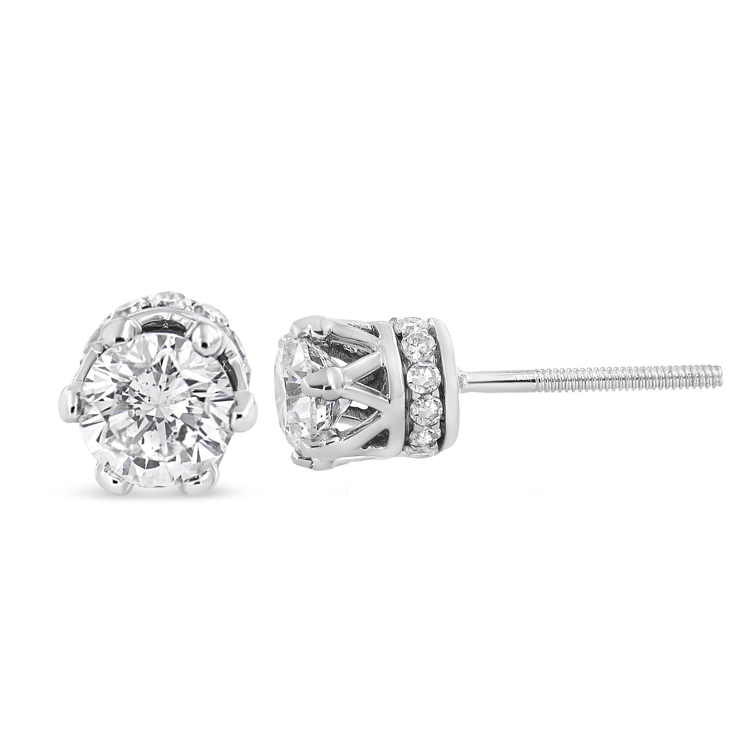 14K White Gold 2.0 Cttw Round Cut Prong-Set Diamond Crown Stud Earrings