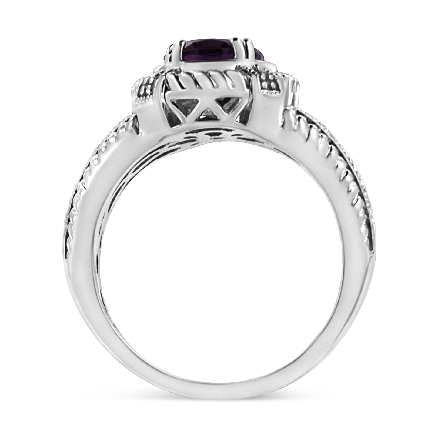Sterling Silver Oval Amethyst & Diamond Accent Rope-Border Ring
