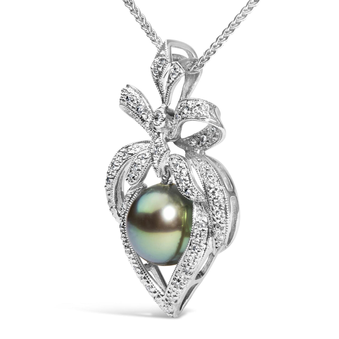 Tahitian Pearl & Diamond Heart Pendant Necklace in 18K White Gold