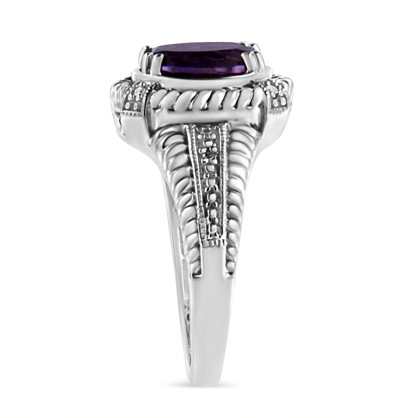 Sterling Silver Oval Amethyst & Diamond Accent Rope-Border Ring