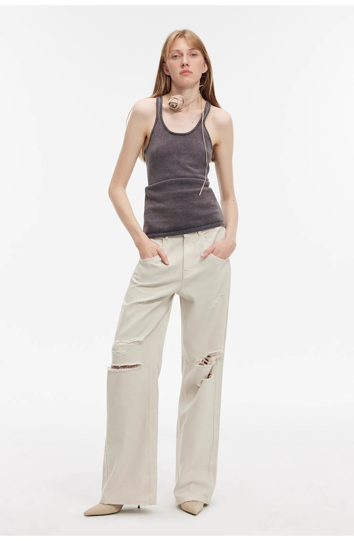 Vintage Light Grey Low-Waist Straight-Leg Flared Jeans