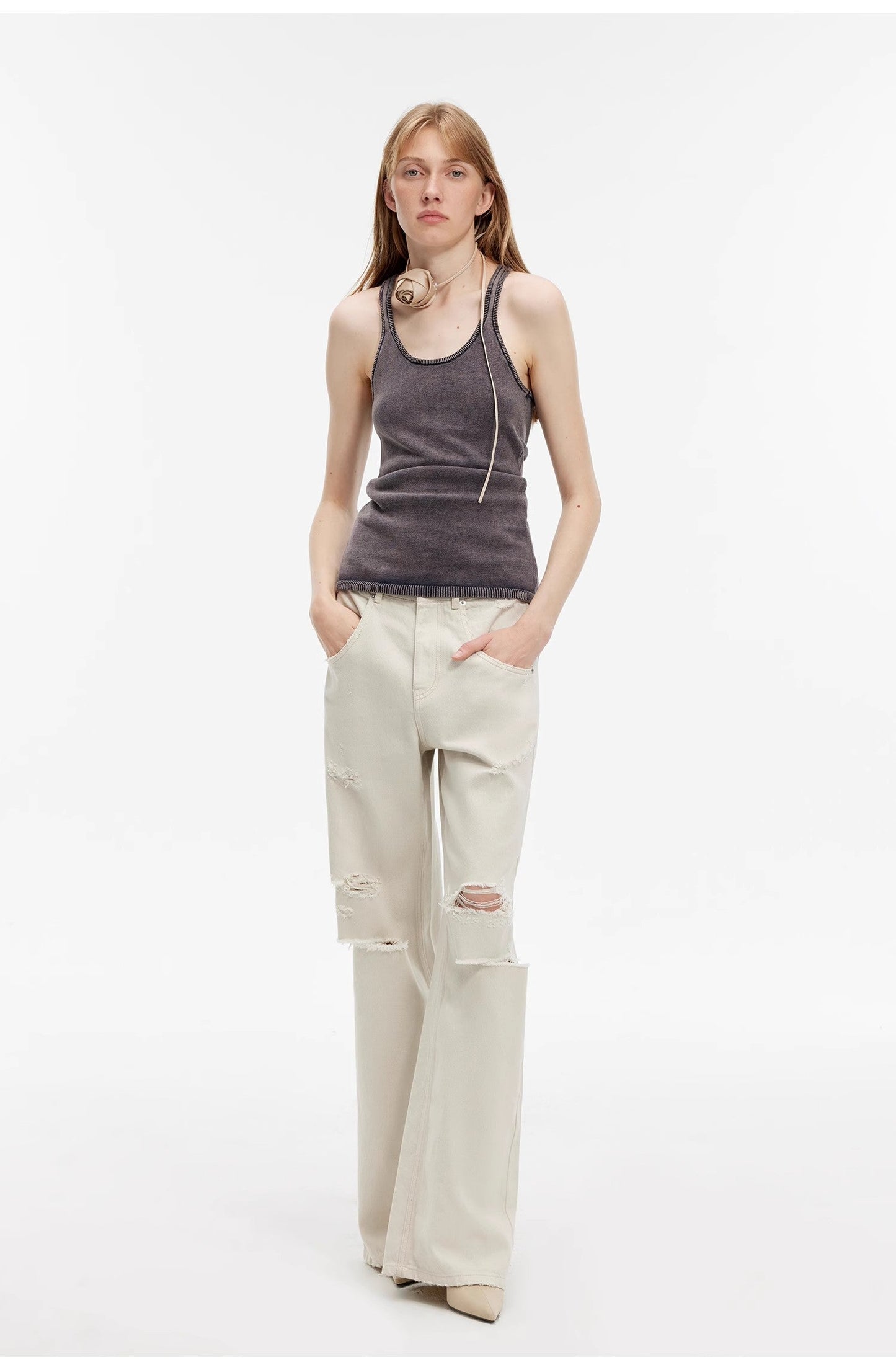 Vintage Light Grey Low-Waist Straight-Leg Flared Jeans