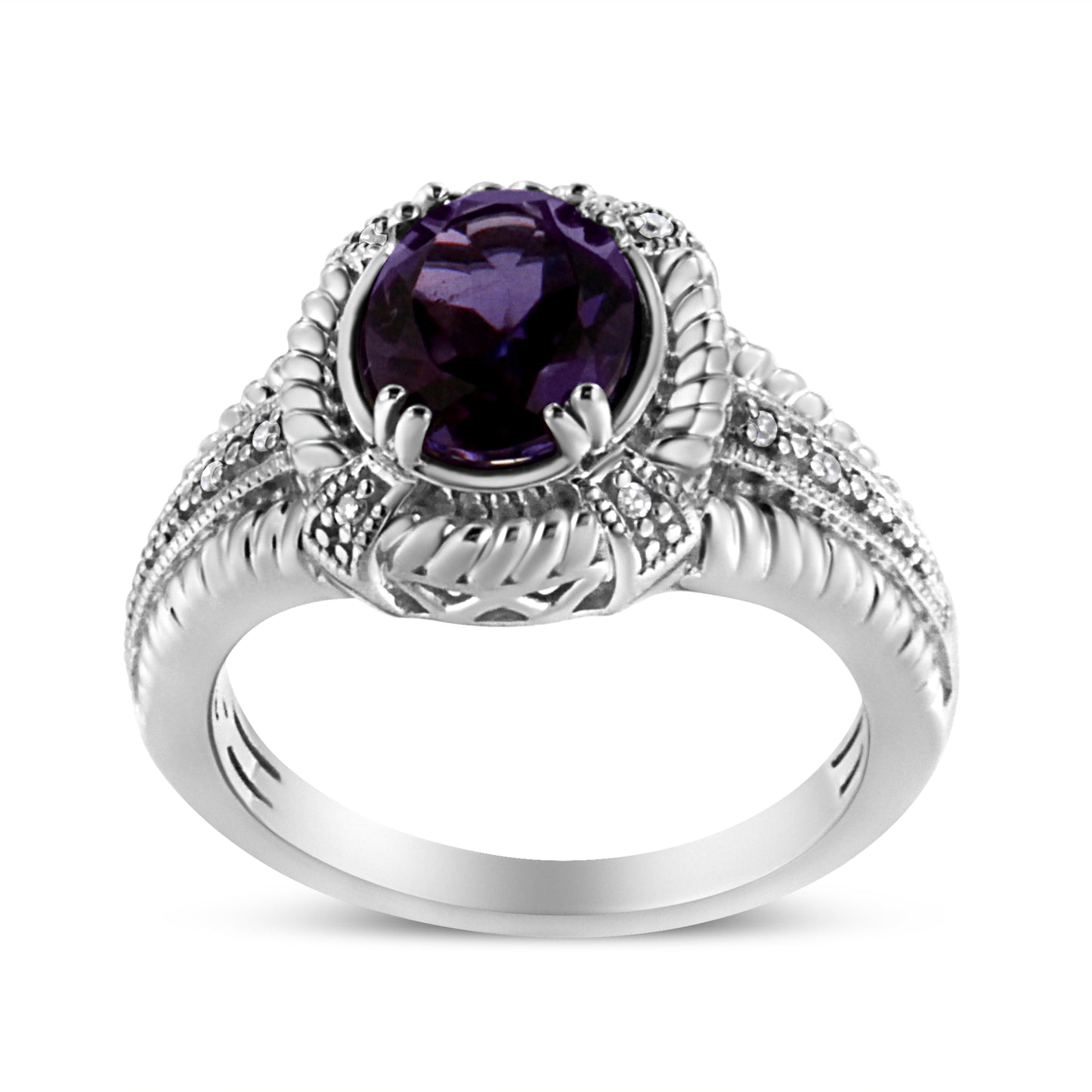 Sterling Silver Oval Amethyst & Diamond Accent Rope-Border Ring