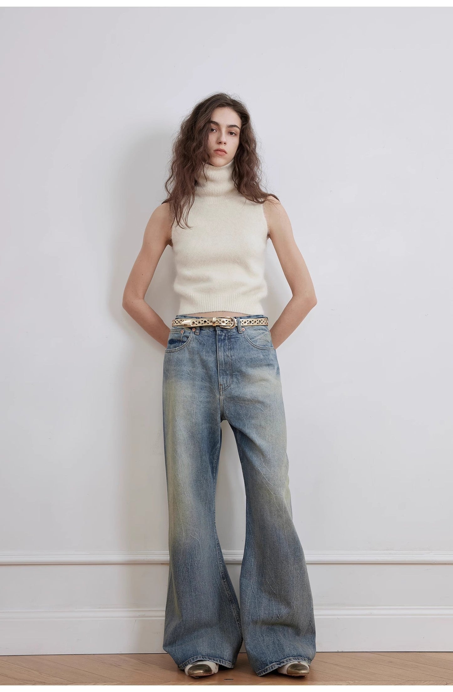 Modern Deconstructed Chicken-Claw Wrinkled Wide-Leg Jeans