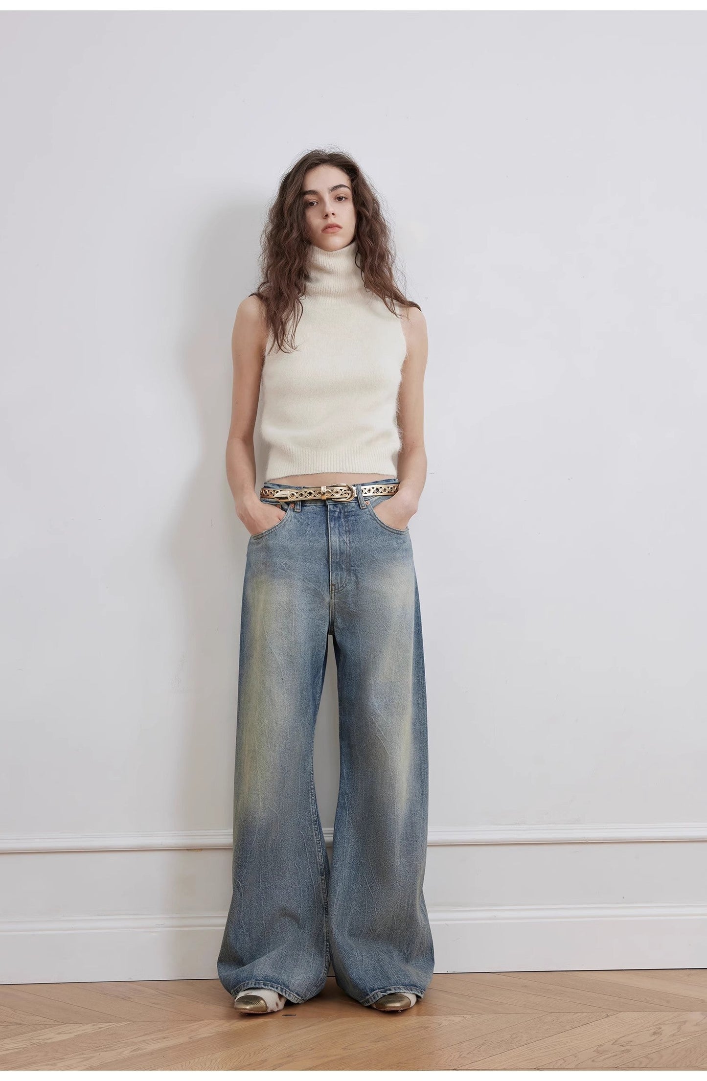 Modern Deconstructed Chicken-Claw Wrinkled Wide-Leg Jeans