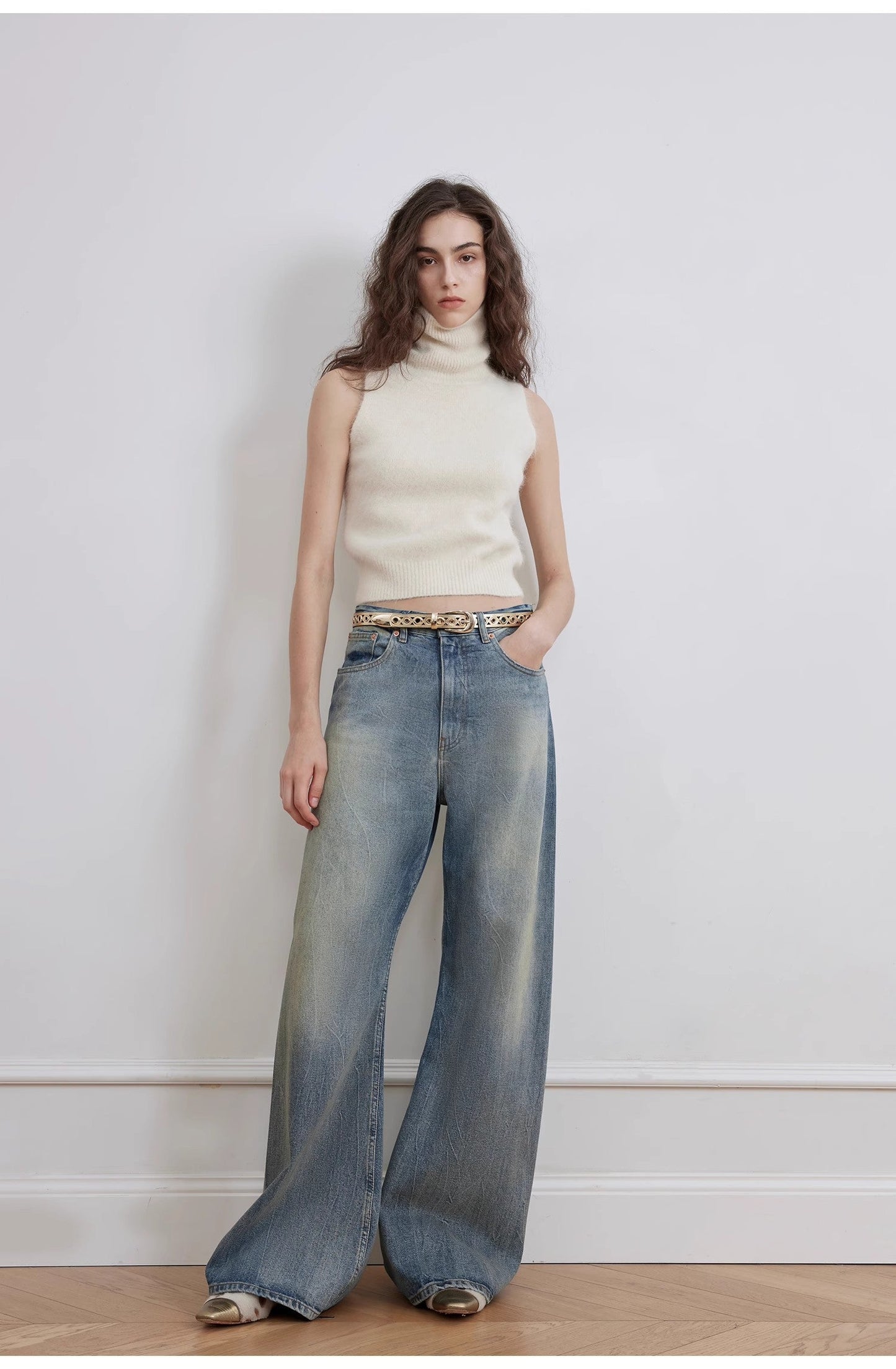 Modern Deconstructed Chicken-Claw Wrinkled Wide-Leg Jeans