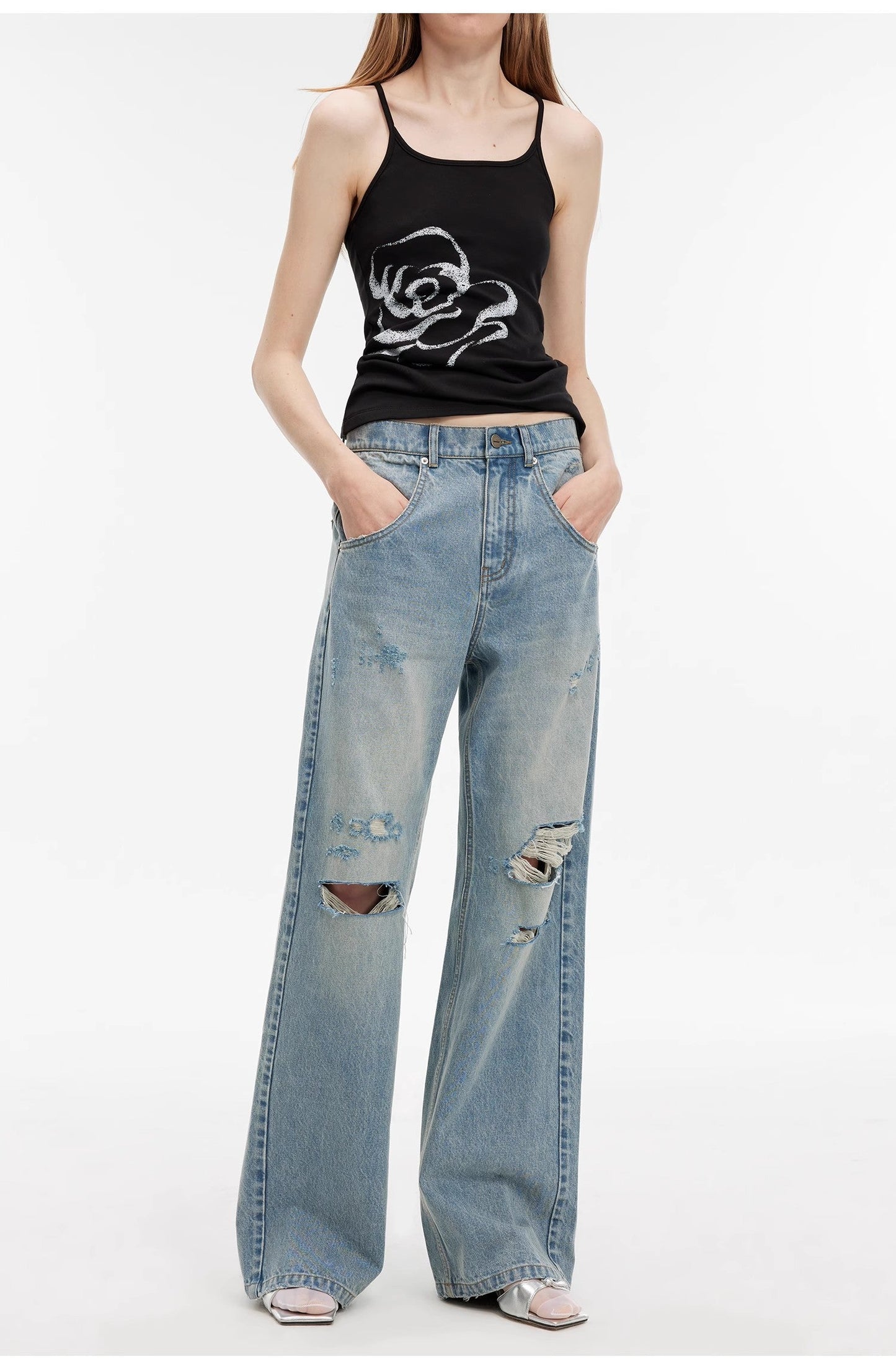Vintage Light Grey Low-Waist Straight-Leg Flared Jeans
