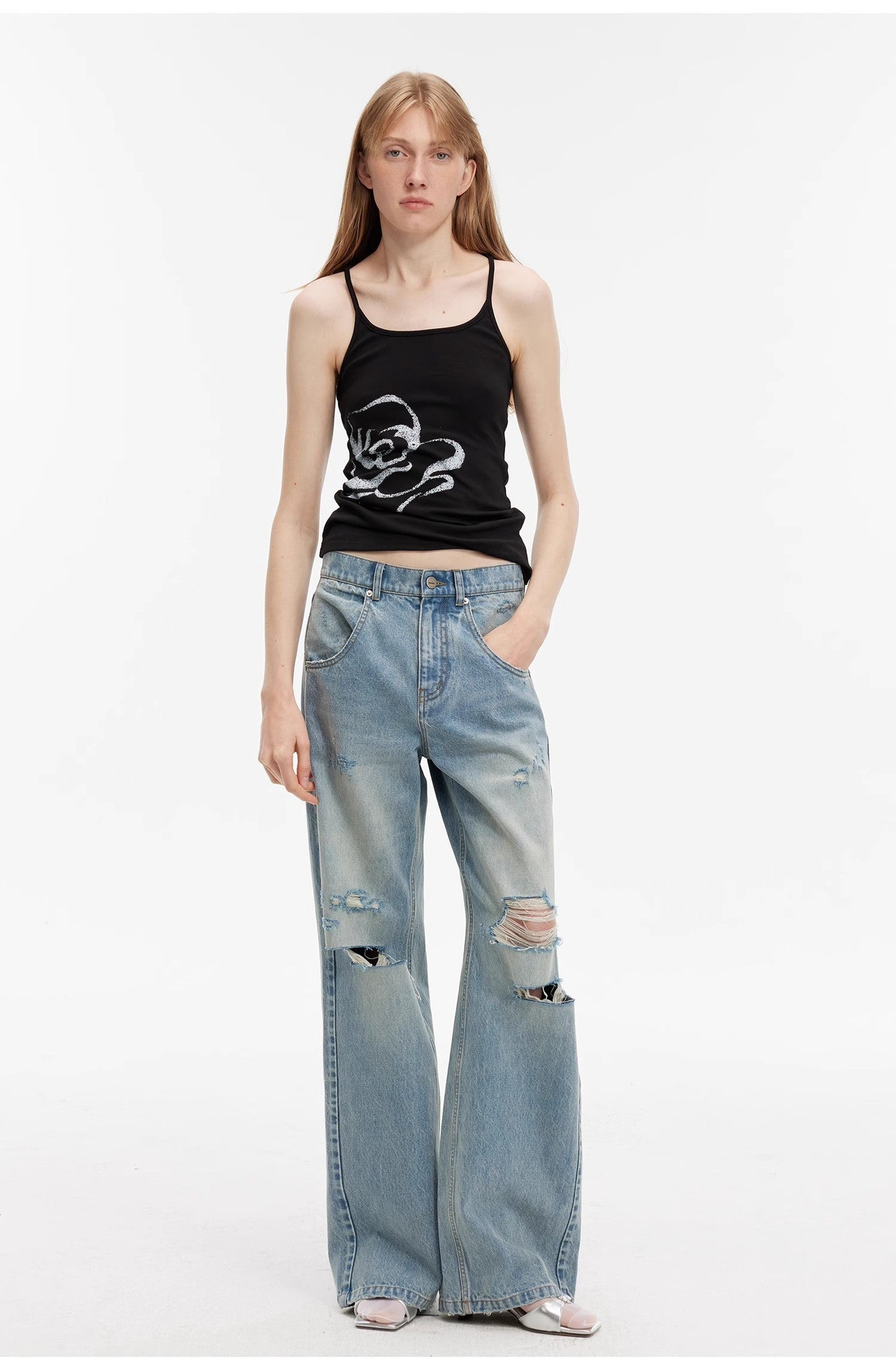 Vintage Light Grey Low-Waist Straight-Leg Flared Jeans