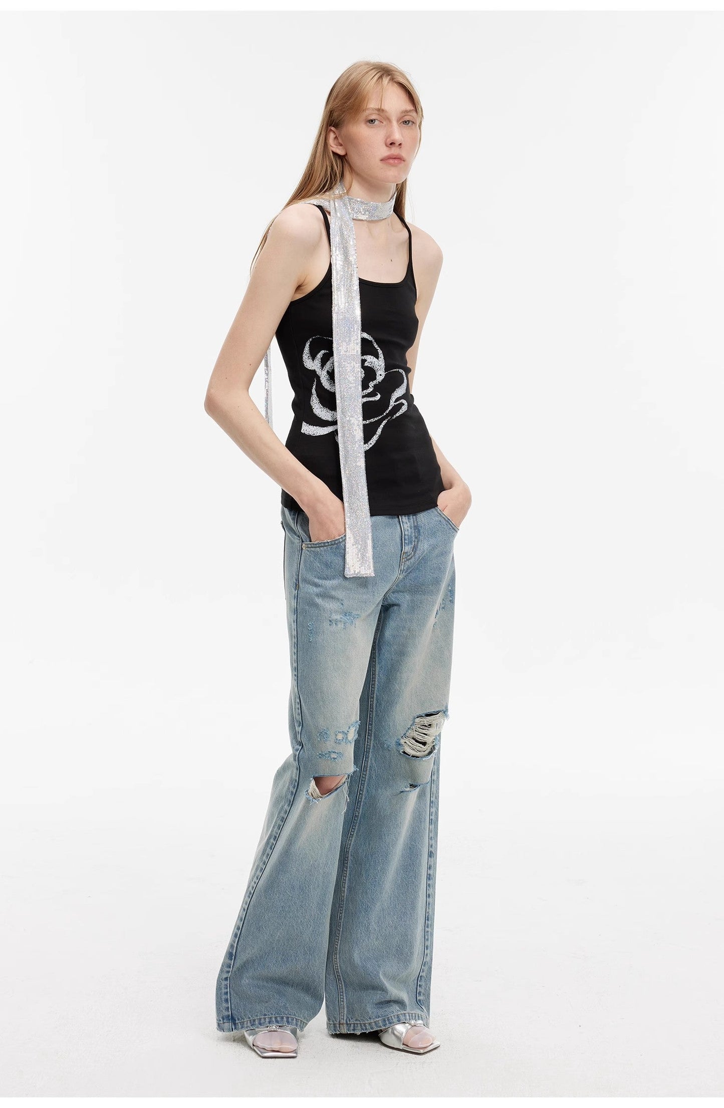 Vintage Light Grey Low-Waist Straight-Leg Flared Jeans