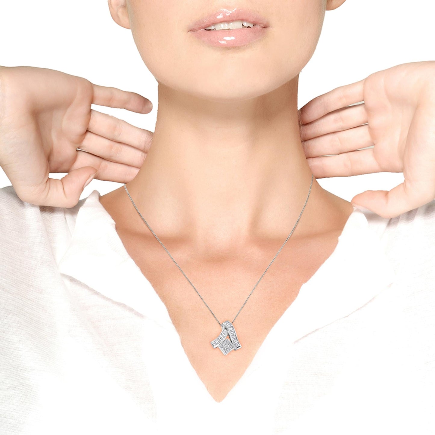 14K White Gold 1 7/8 Cttw Princess & Baguette Cut Mixed Geometry Diamond Pendant Necklace