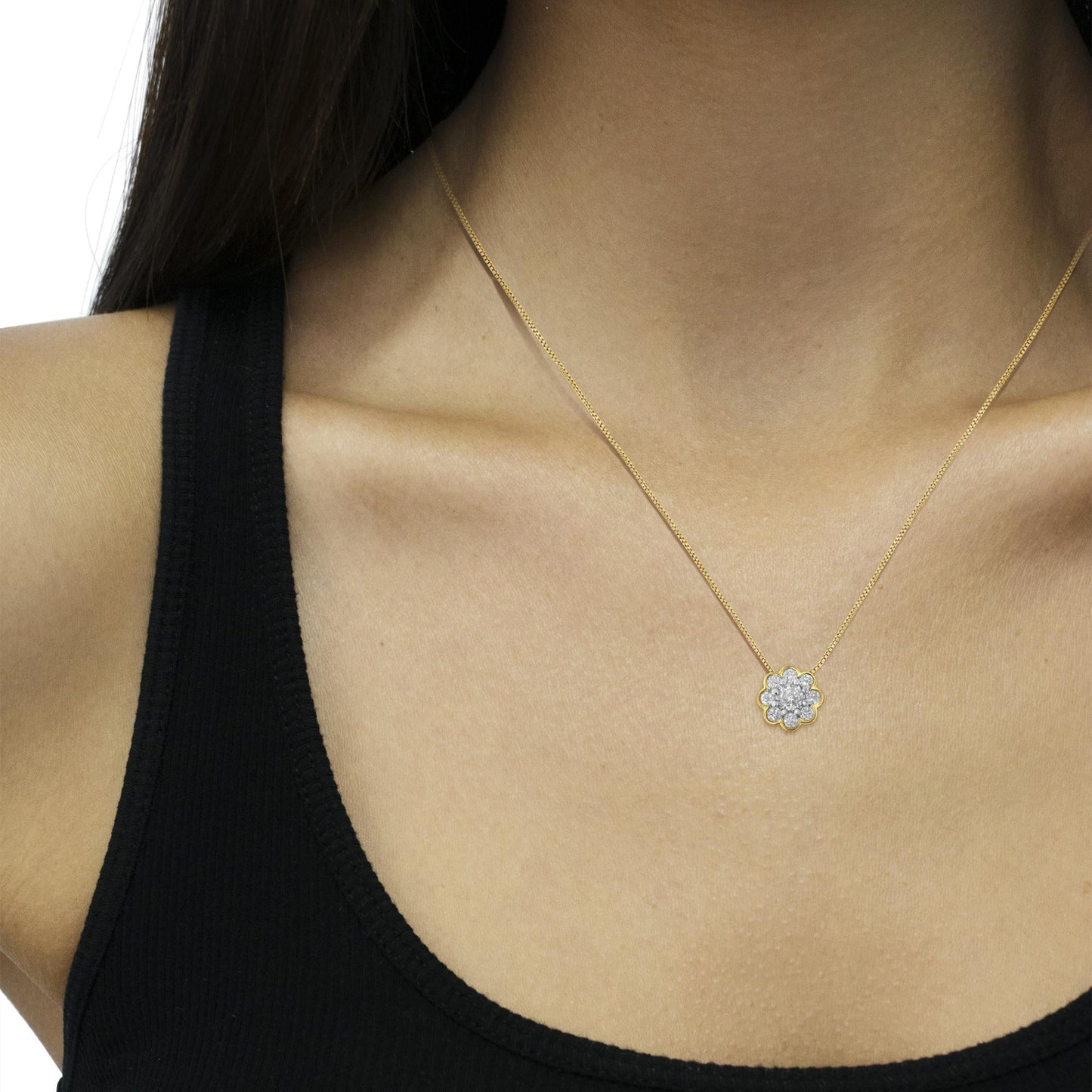 10K Yellow Gold Plated Sterling Silver Diamond Flower Cluster Pendant Necklace