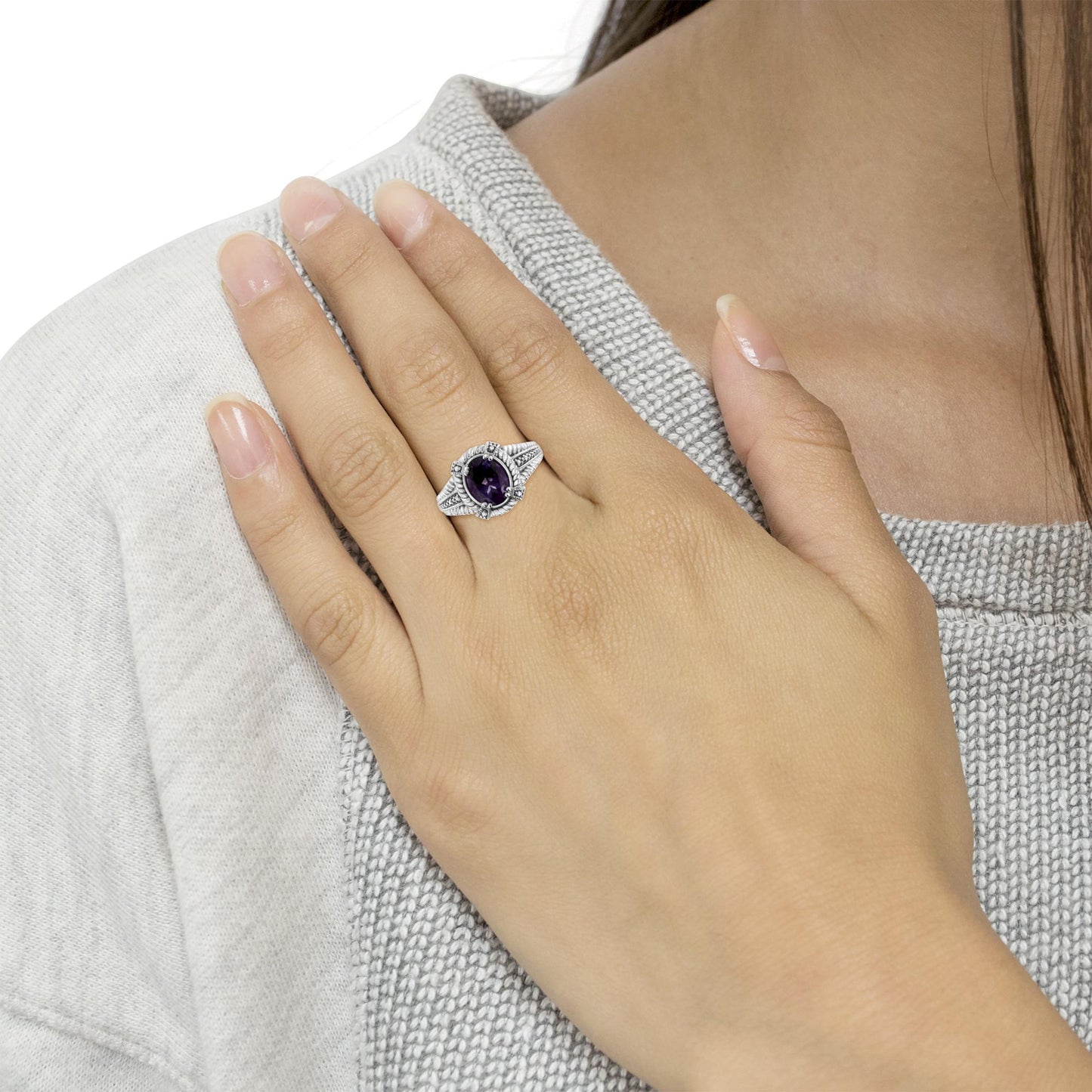 Sterling Silver Oval Amethyst & Diamond Accent Rope-Border Ring