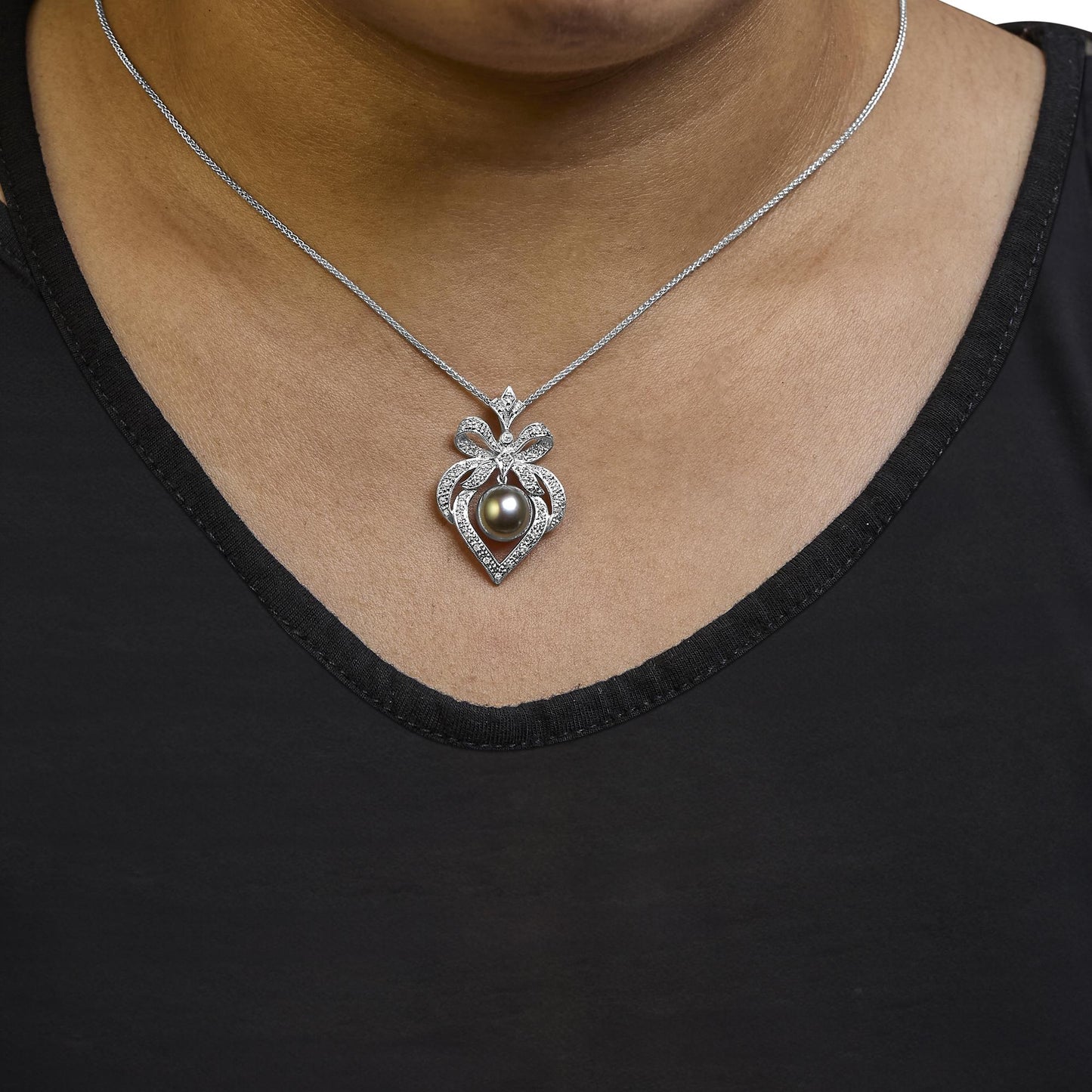 Tahitian Pearl & Diamond Heart Pendant Necklace in 18K White Gold