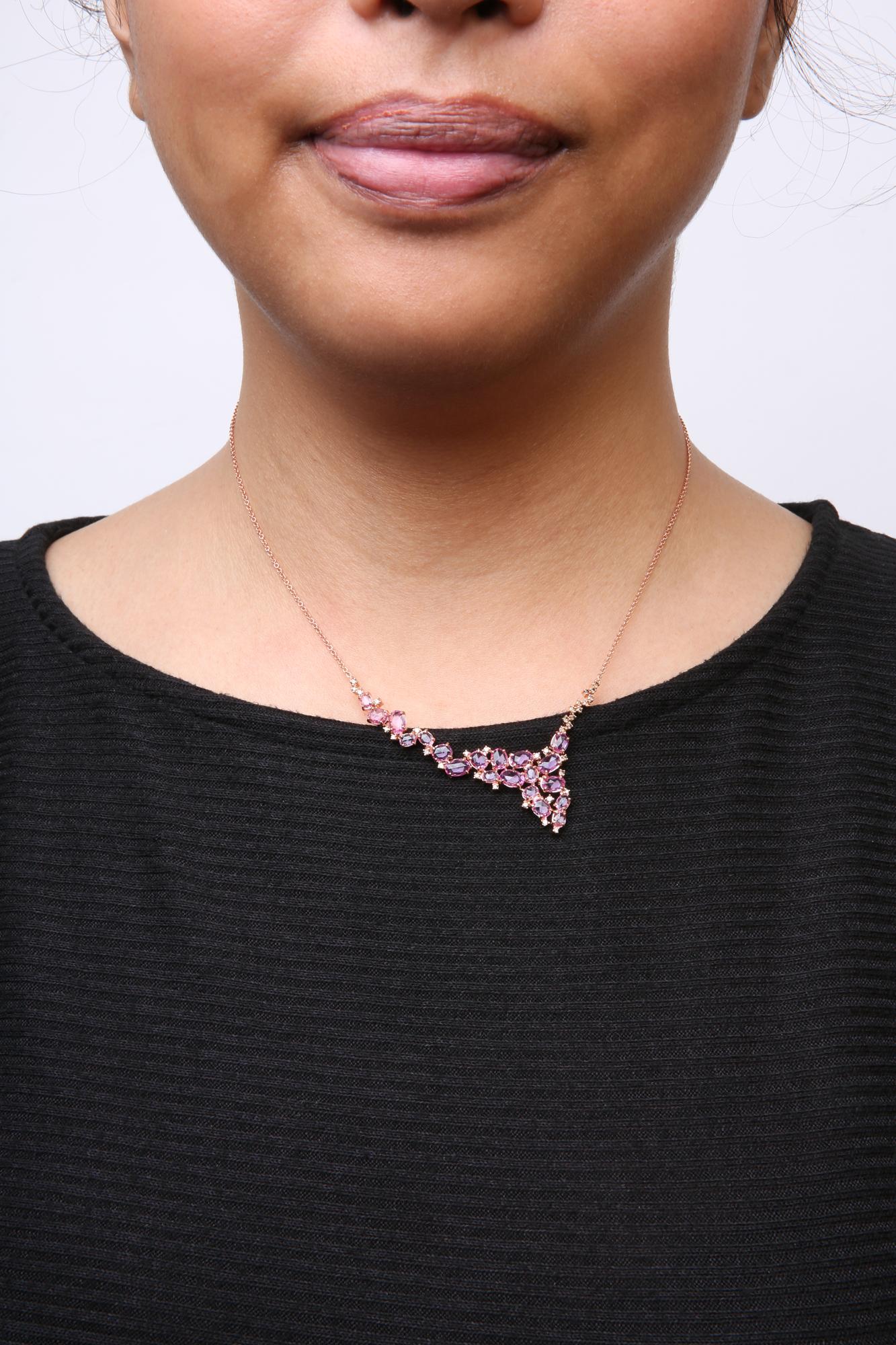 18K Rose Gold Pink Sapphire & Diamond Cluster Cascade Necklace – 1/2 CTW