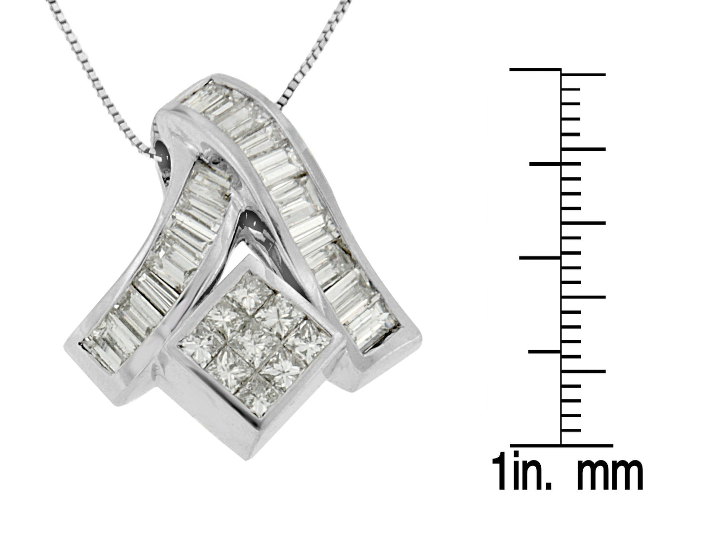 14K White Gold 1 7/8 Cttw Princess & Baguette Cut Mixed Geometry Diamond Pendant Necklace