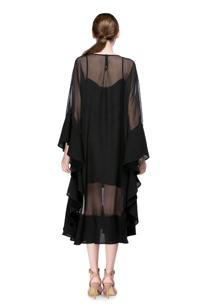 Boat Neck Chiffon Dress with Flounced Hem