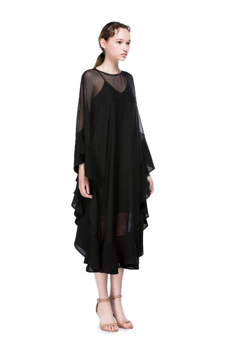 Boat Neck Chiffon Dress with Flounced Hem