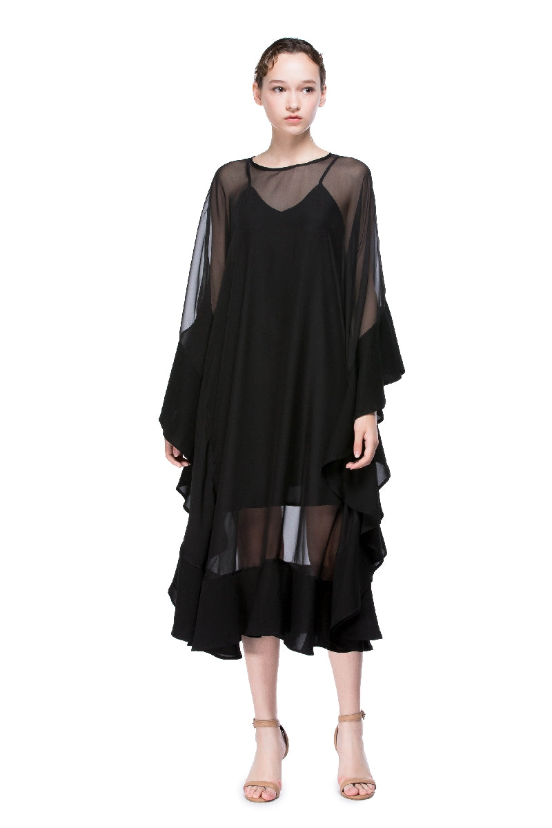 Boat Neck Chiffon Dress with Flounced Hem