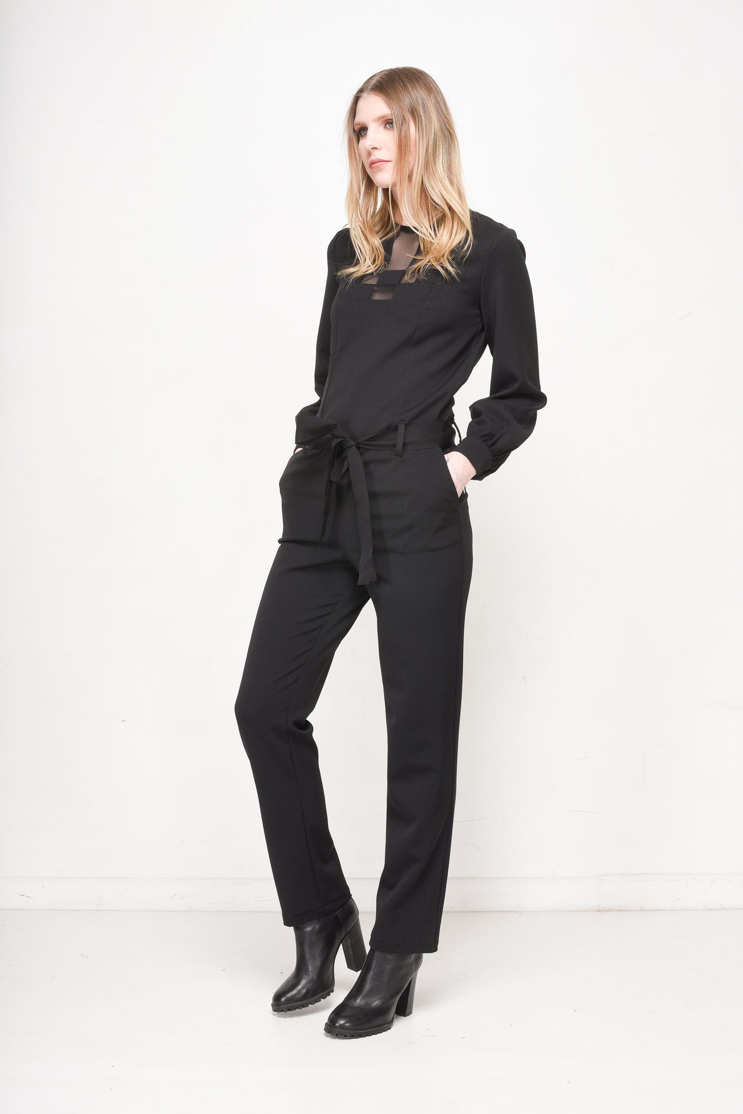 Black Jumpsuit with Victor Vasarely-Inspired Mesh Panels