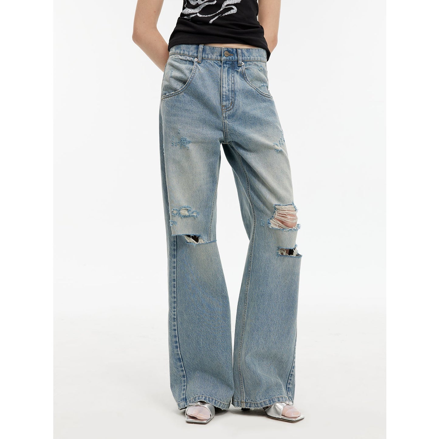 Vintage Light Grey Low-Waist Straight-Leg Flared Jeans