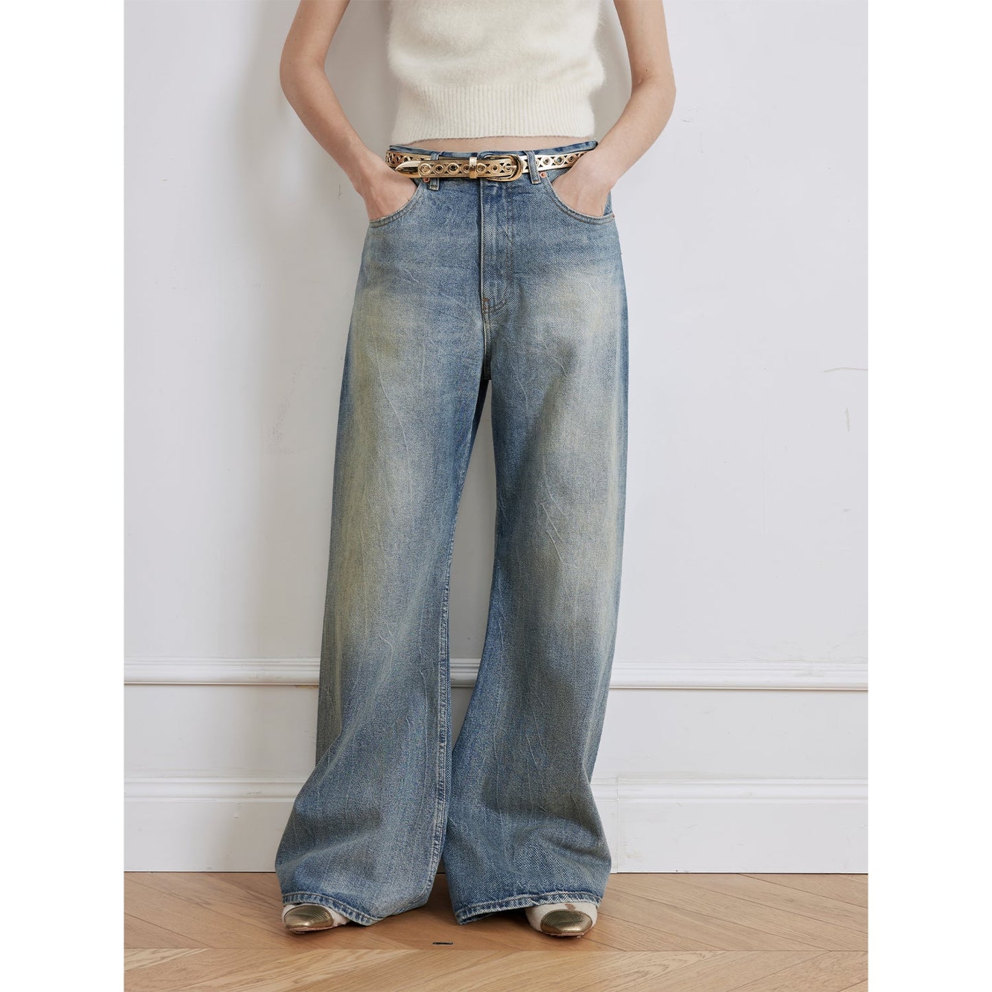 Modern Deconstructed Chicken-Claw Wrinkled Wide-Leg Jeans