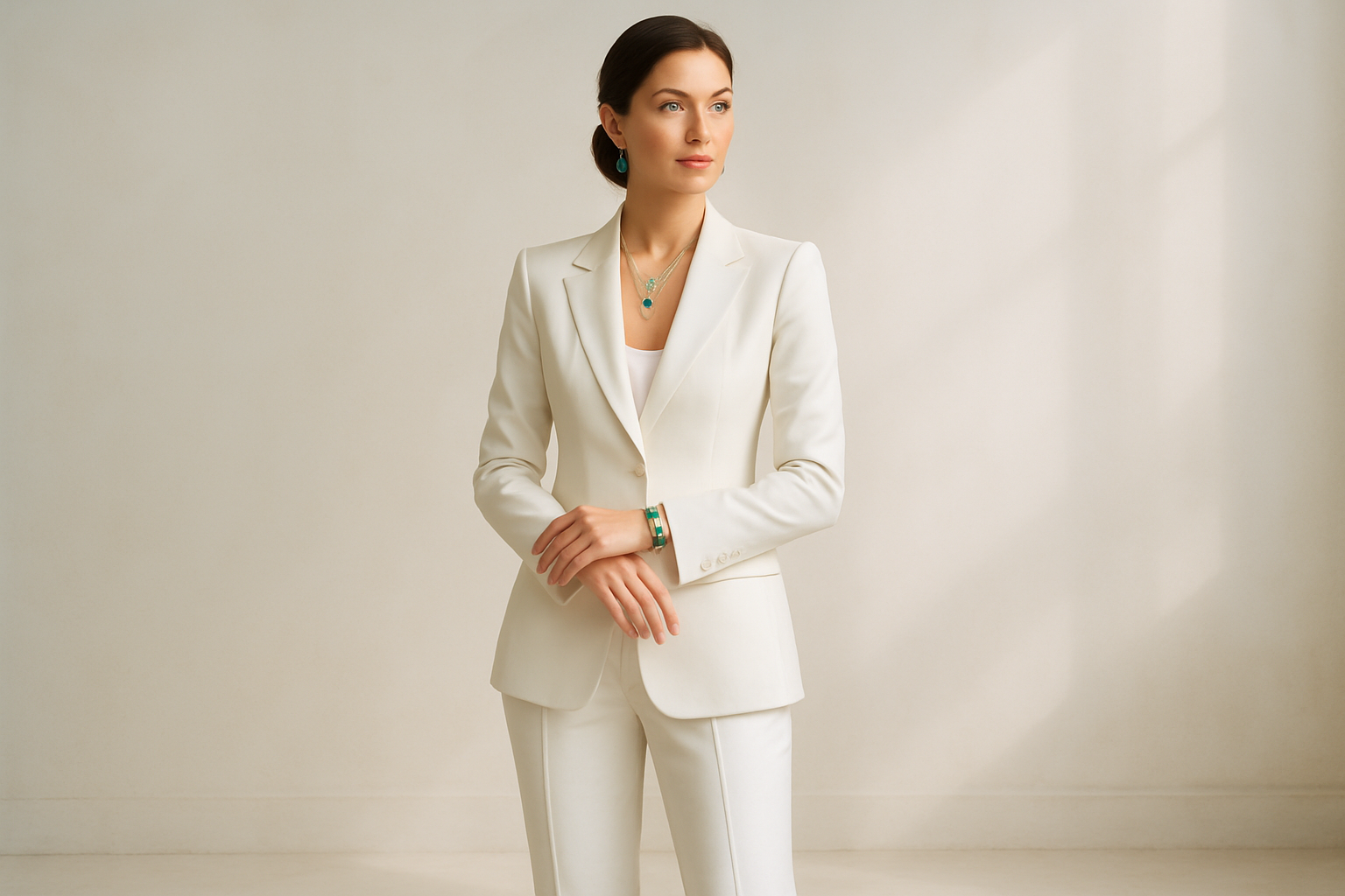 a business woman dripped in emeralds and a white suit in heels with a light background sophisticated