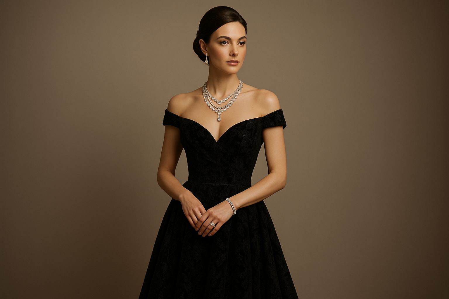 a chic woman full body image dressed in elegance and dripped in diamonds realistic and elegant