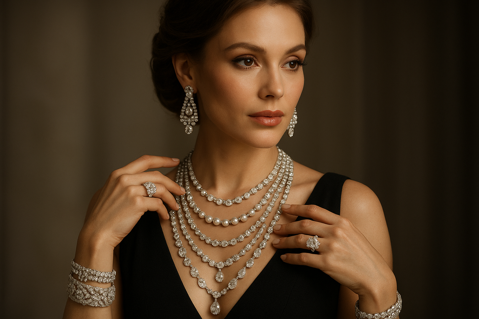 a woman dripped in elegant jewelry