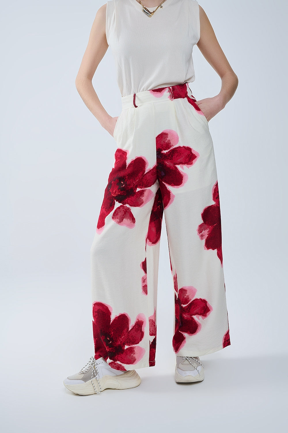 Floral Wide-Leg Boho Pants with Matching Belt