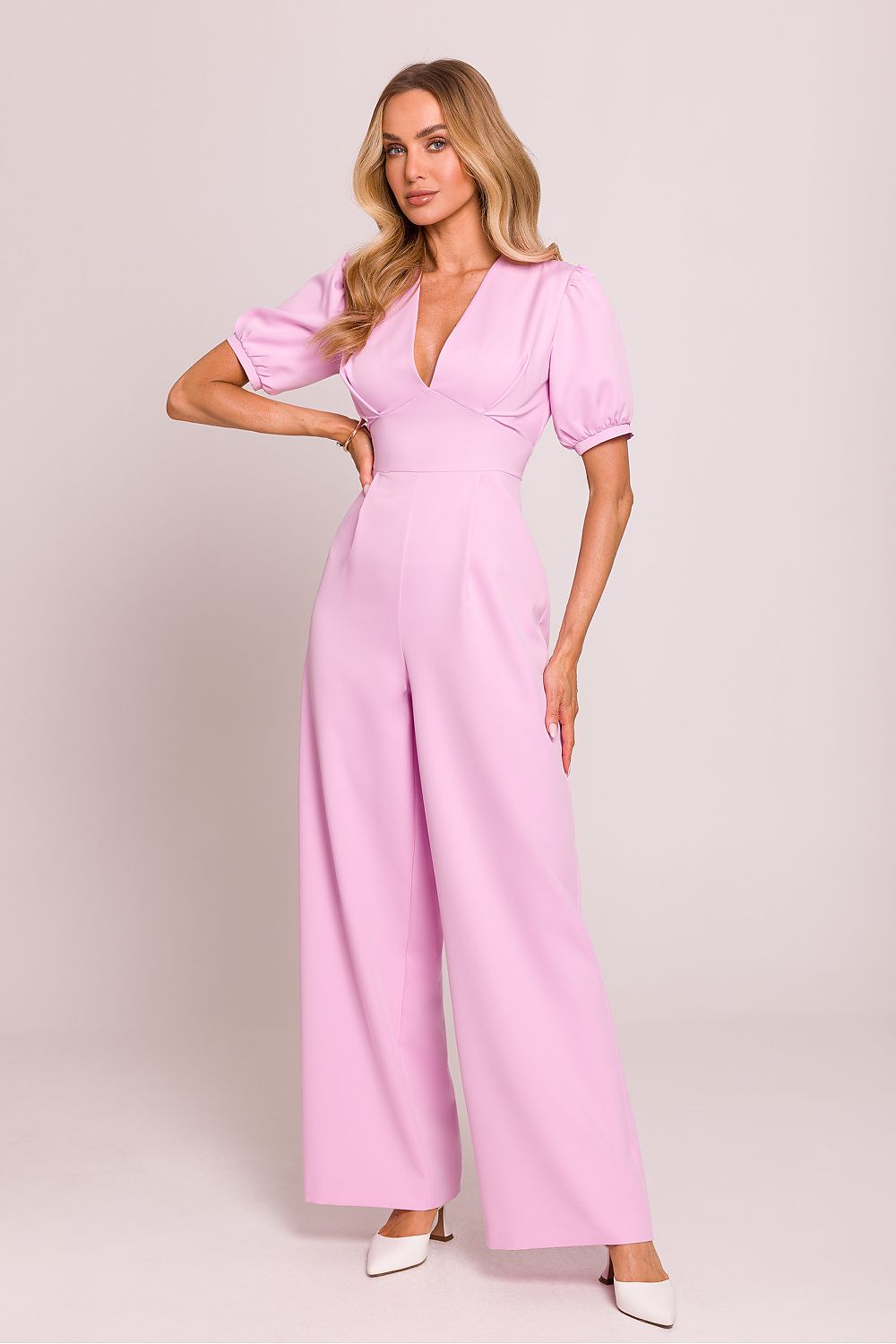 Polish Tailored Puff-Sleeve V-Neck Jumpsuit