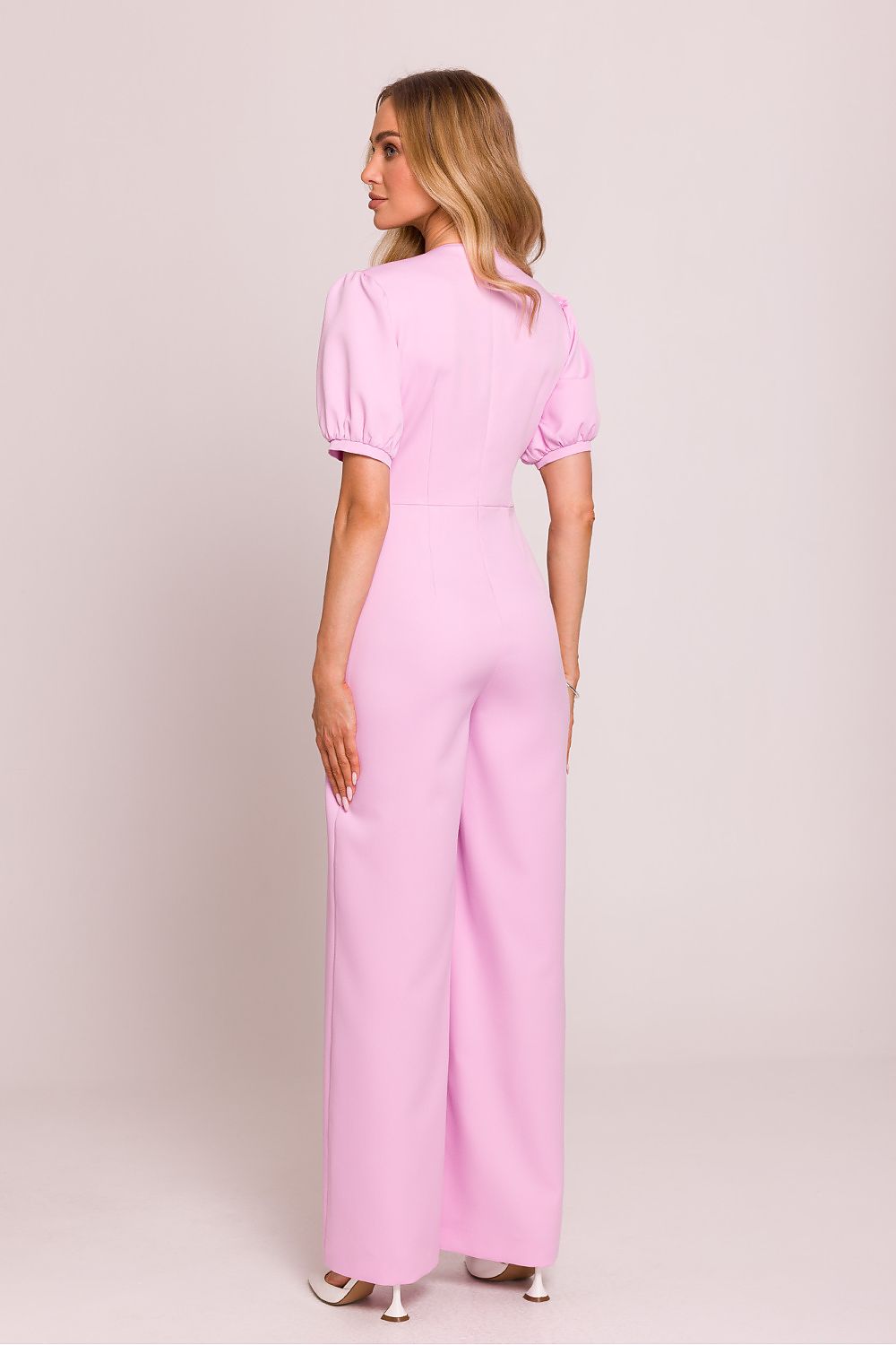 Polish Tailored Puff-Sleeve V-Neck Jumpsuit