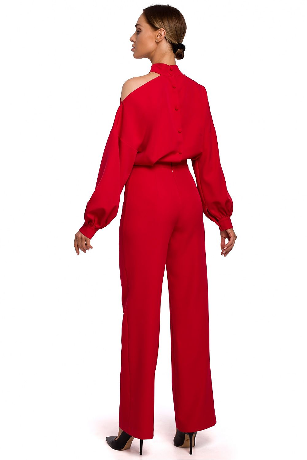 One-Shoulder Slit Neckline Jumpsuit with Buffet Sleeves