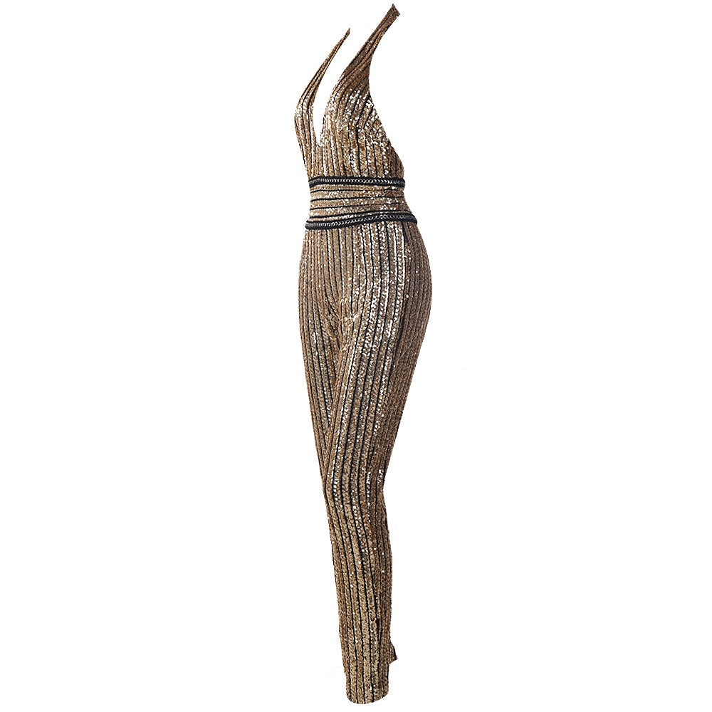Sequin Striped Plunge Jumpsuit – Dazzle in Every Step