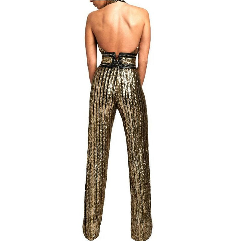Sequin Striped Plunge Jumpsuit – Dazzle in Every Step